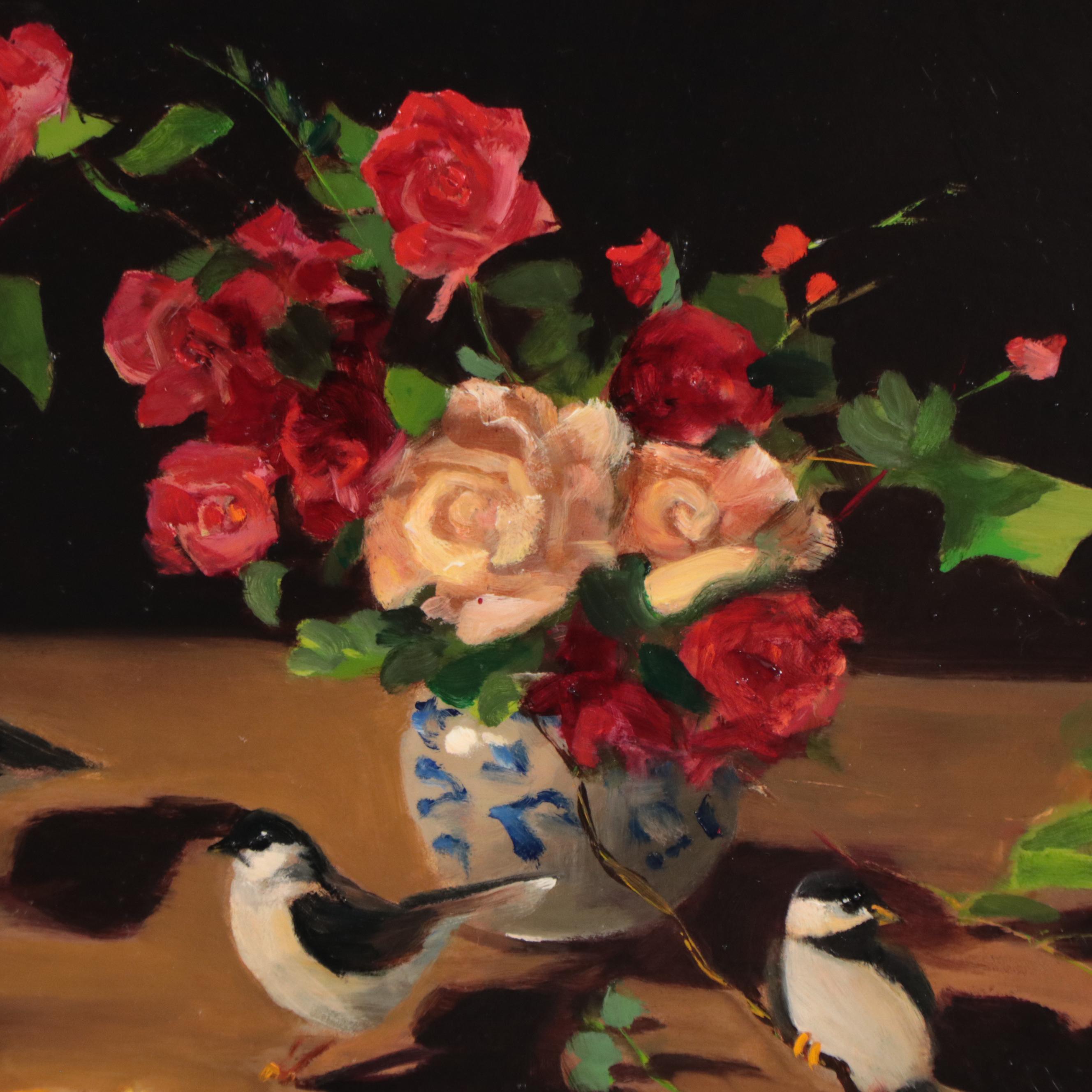 Oil Painting of a Floral Still Life with Birds