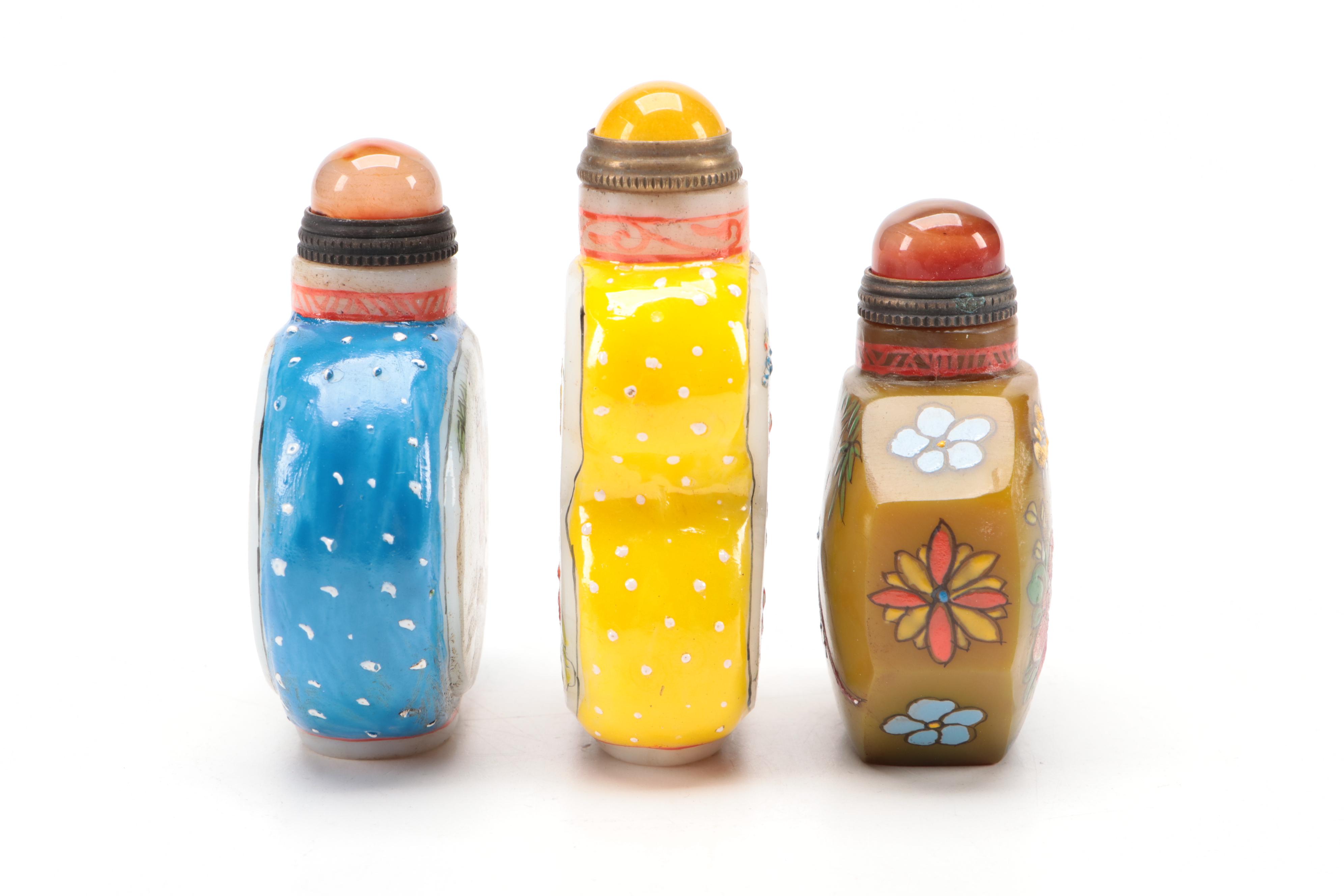 Three Chinese Hand-Painted Glass Snuff Bottles