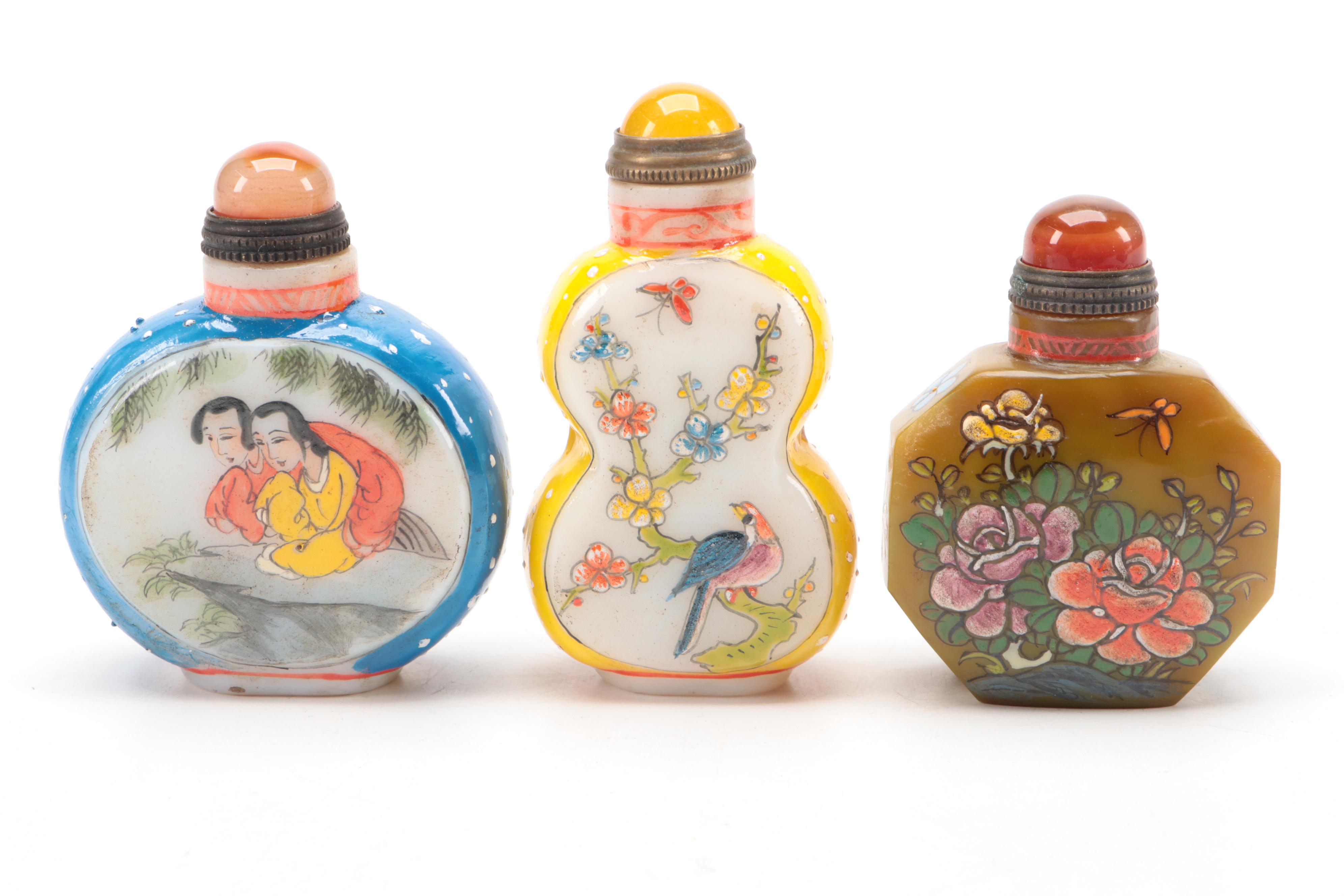 Three Chinese Hand-Painted Glass Snuff Bottles
