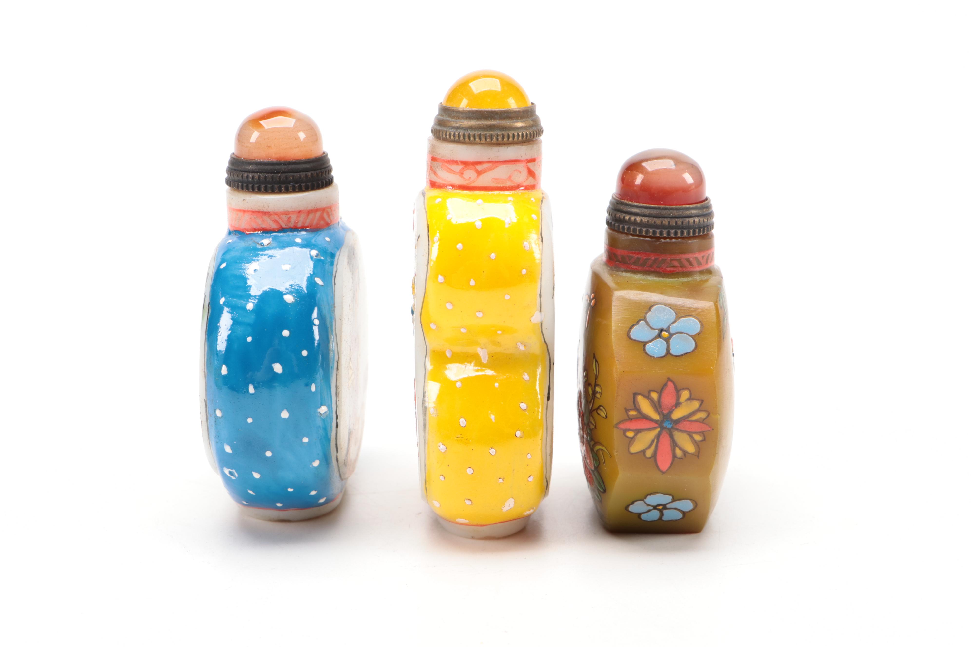Three Chinese Hand-Painted Glass Snuff Bottles