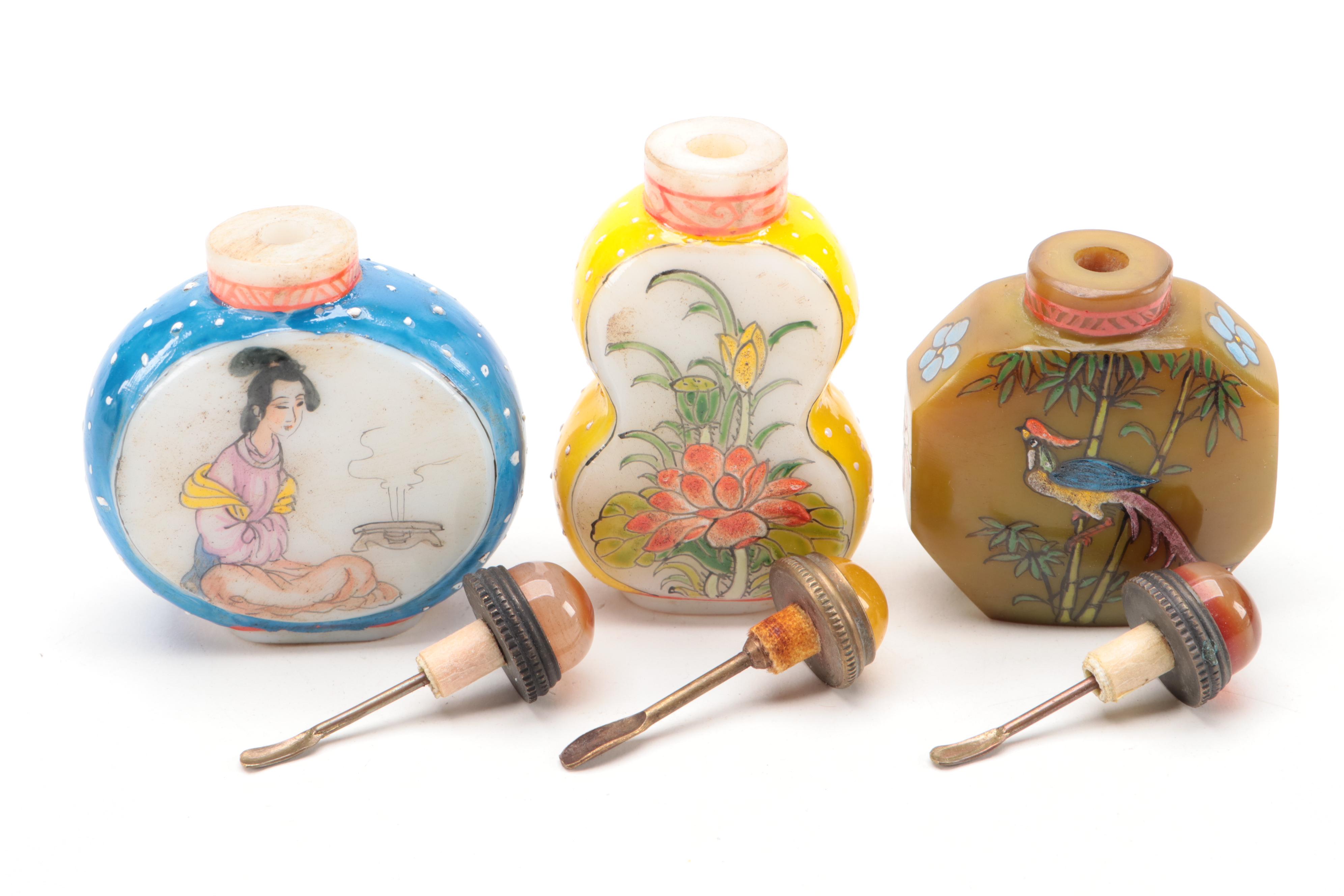 Three Chinese Hand-Painted Glass Snuff Bottles