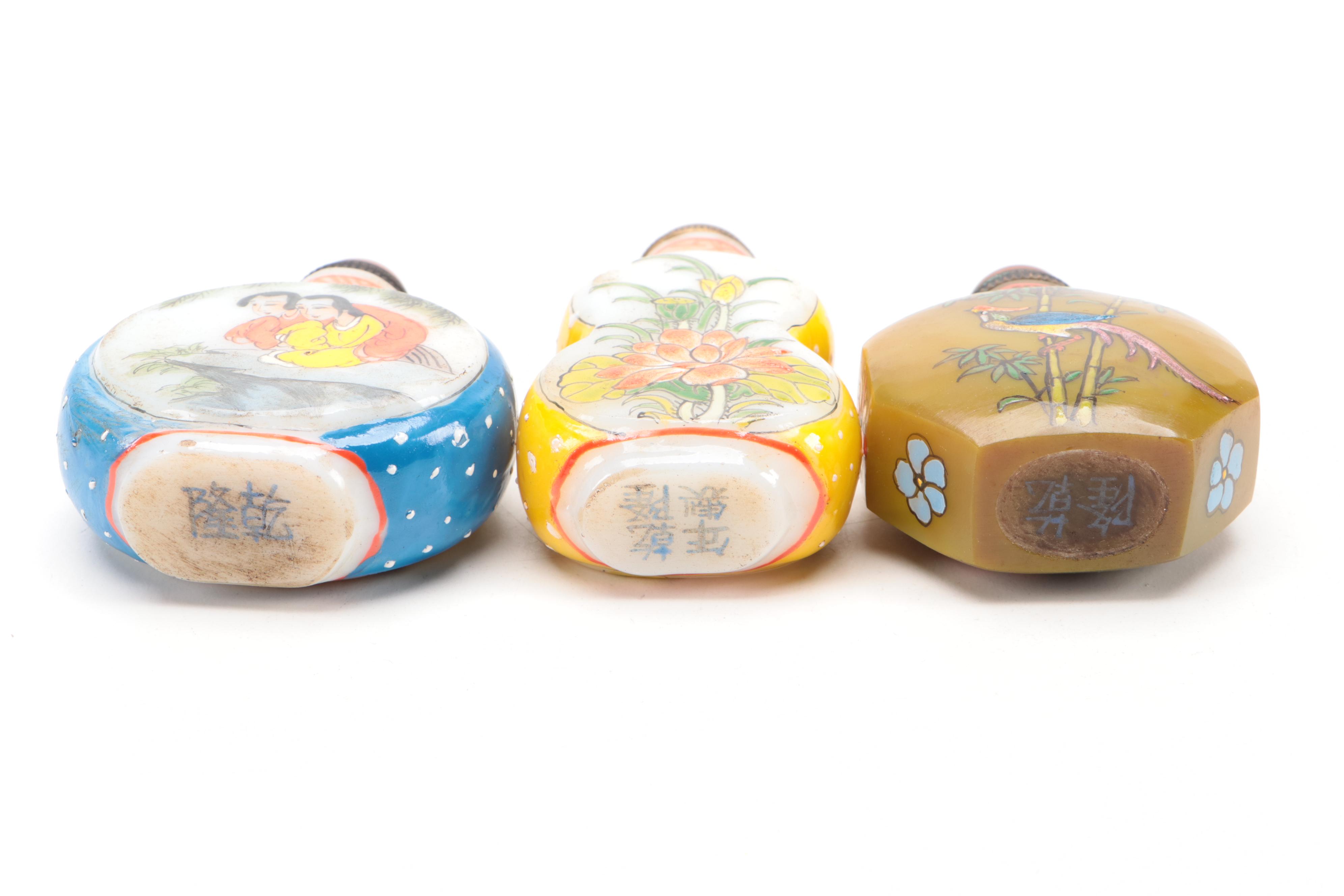 Three Chinese Hand-Painted Glass Snuff Bottles