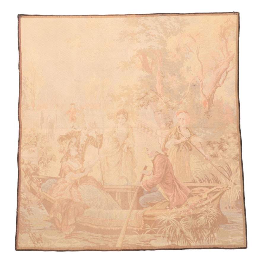 French Machine Made Woven Tapestry of Man and Woman in Boat
