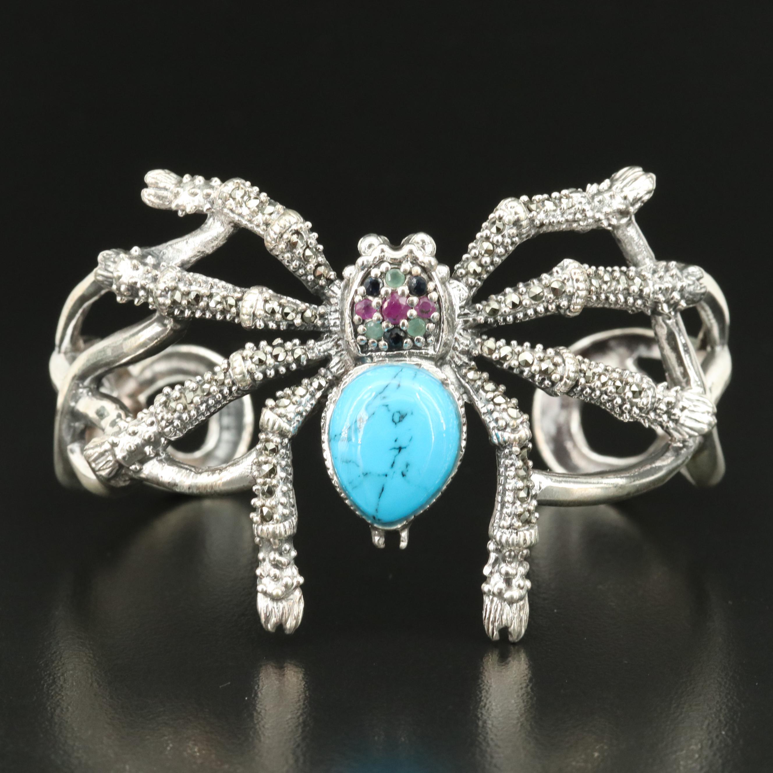 Sterling Spider Cuff Including Ruby, Emerald and Faux Turquoise