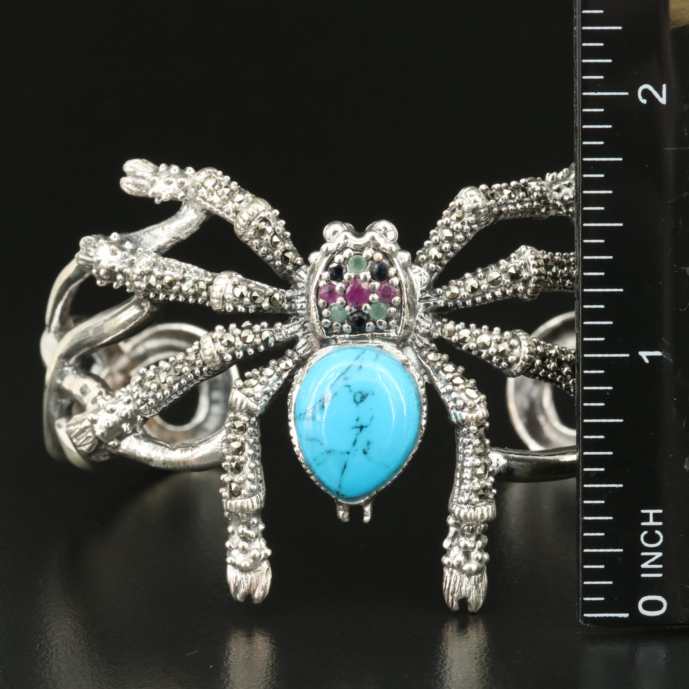 Sterling Spider Cuff Including Ruby, Emerald and Faux Turquoise