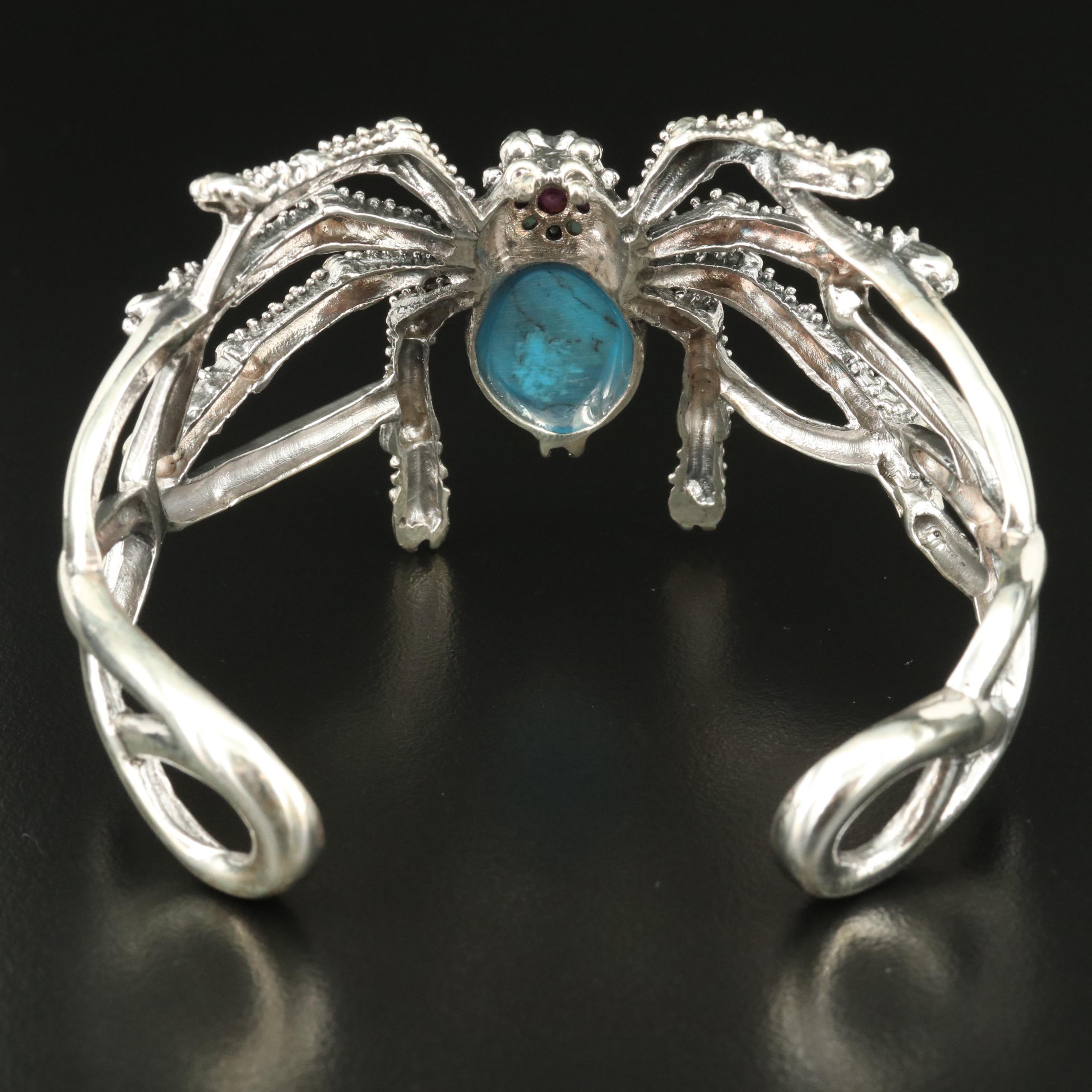 Sterling Spider Cuff Including Ruby, Emerald and Faux Turquoise