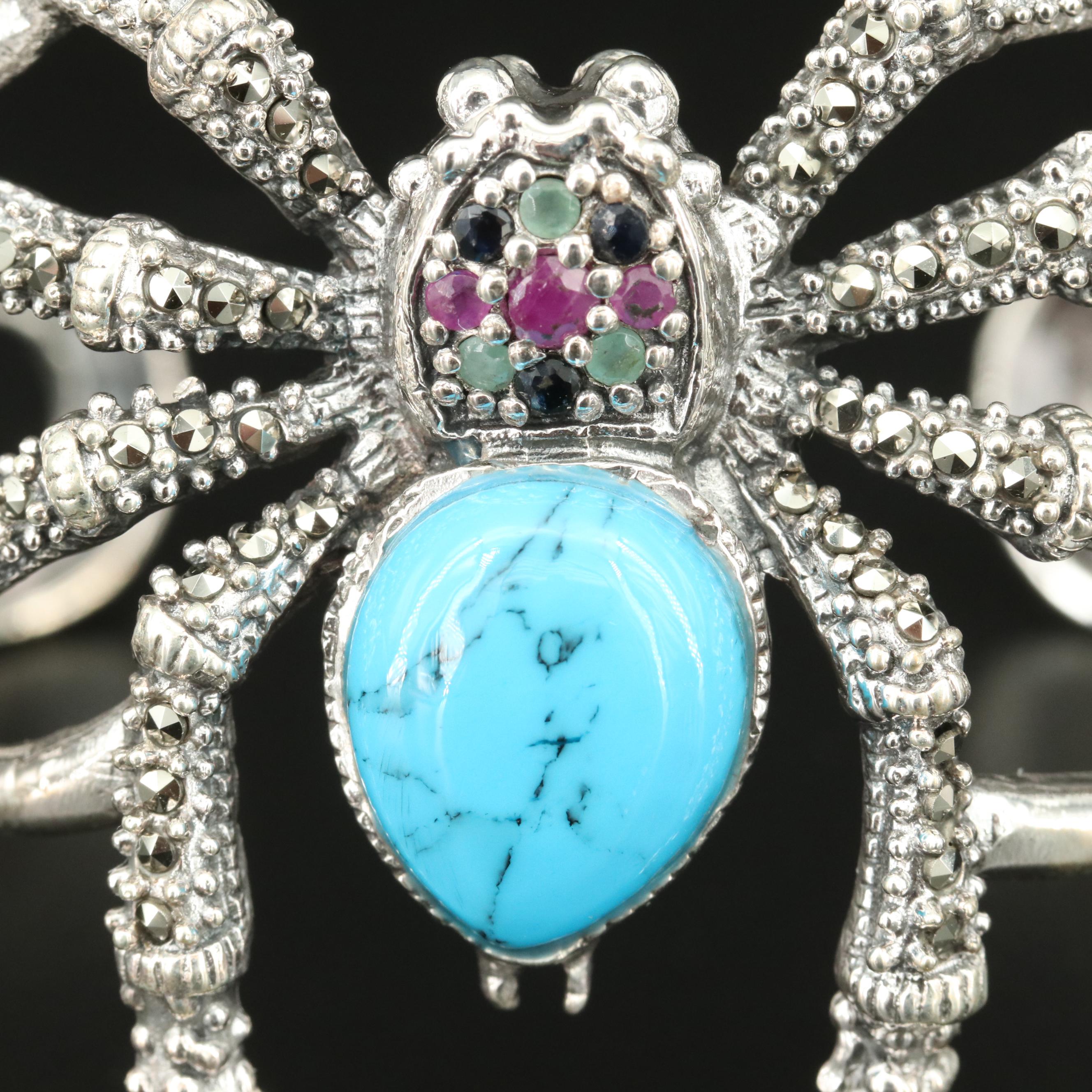 Sterling Spider Cuff Including Ruby, Emerald and Faux Turquoise