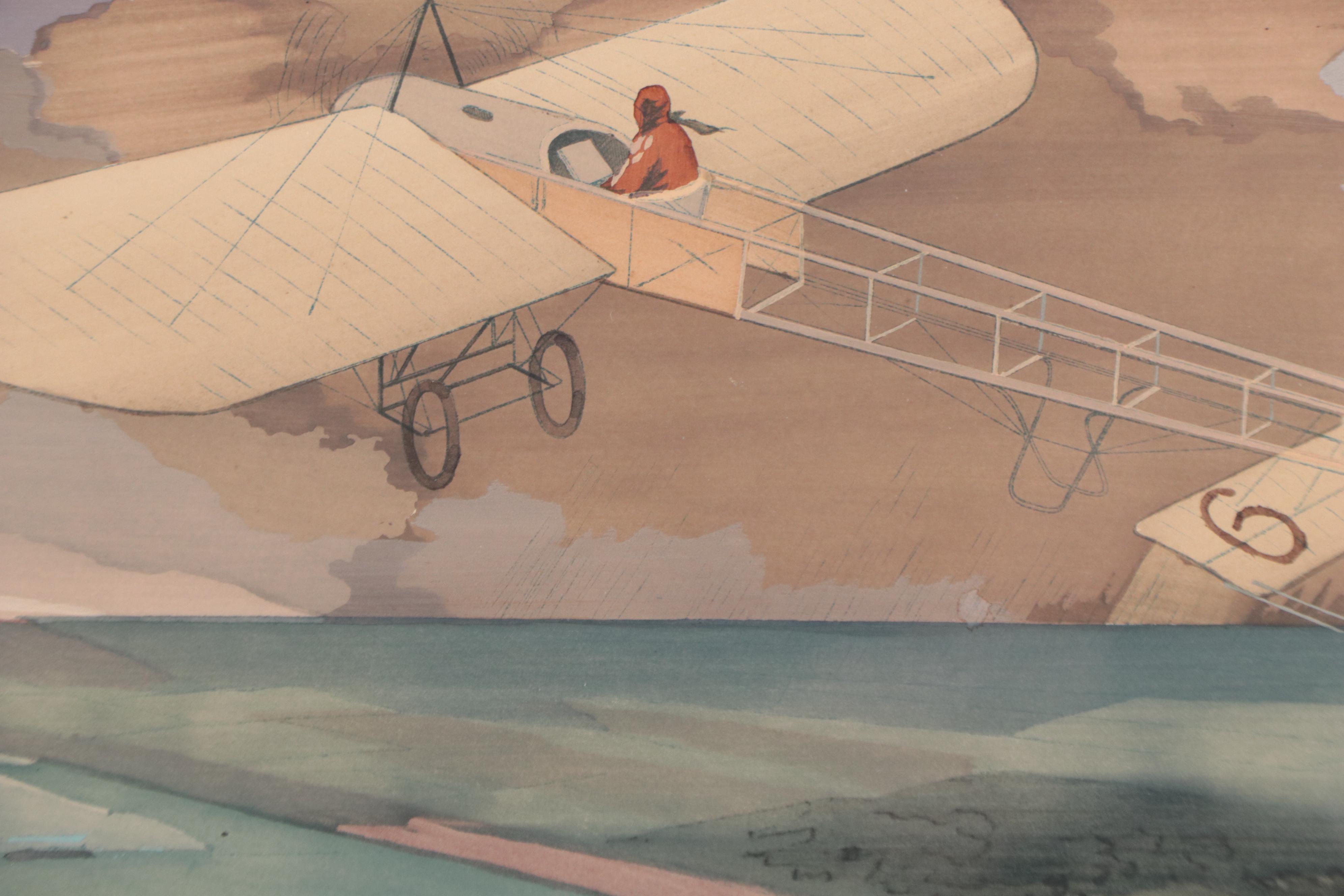 Marguerite Montaut Lithograph "Garros Gagne le Grand Prix de l'Aero Club"