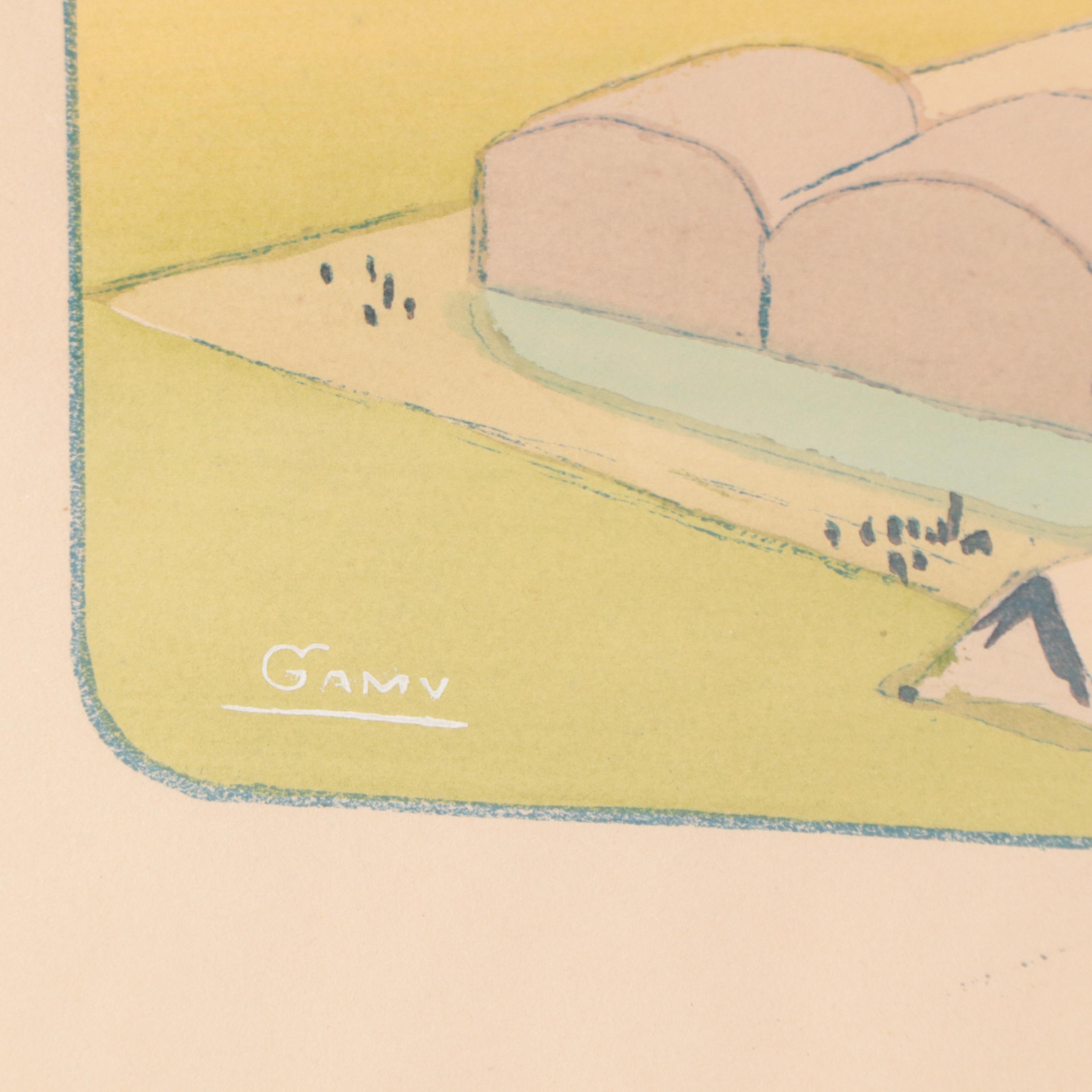 Marguerite Montaut Lithograph "Garros Gagne le Grand Prix de l'Aero Club"