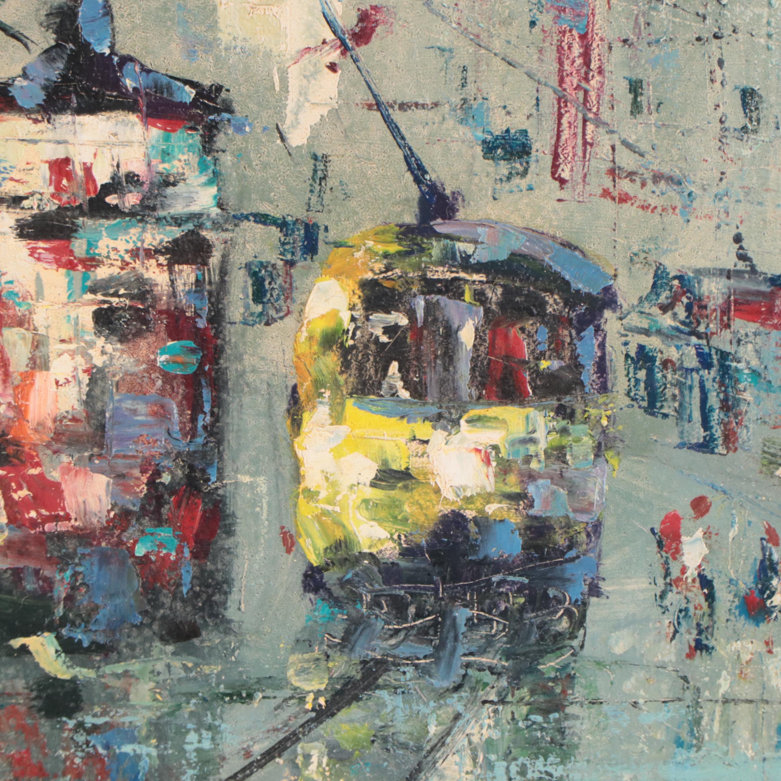 Augusto Gomes Martins Oil Painting of a Street Scene, Mid to Late 20th Century