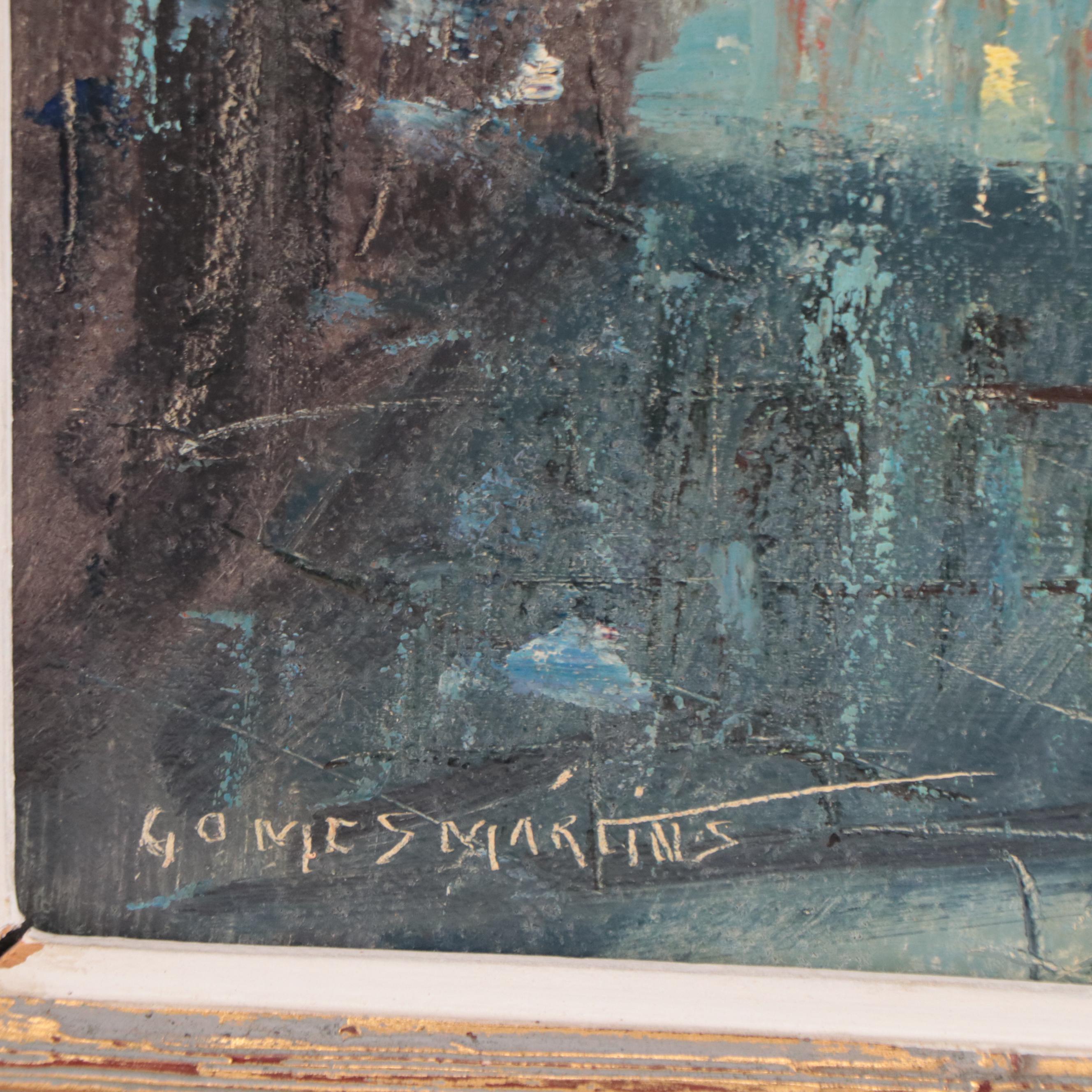 Augusto Gomes Martins Oil Painting of a Street Scene, Mid to Late 20th Century