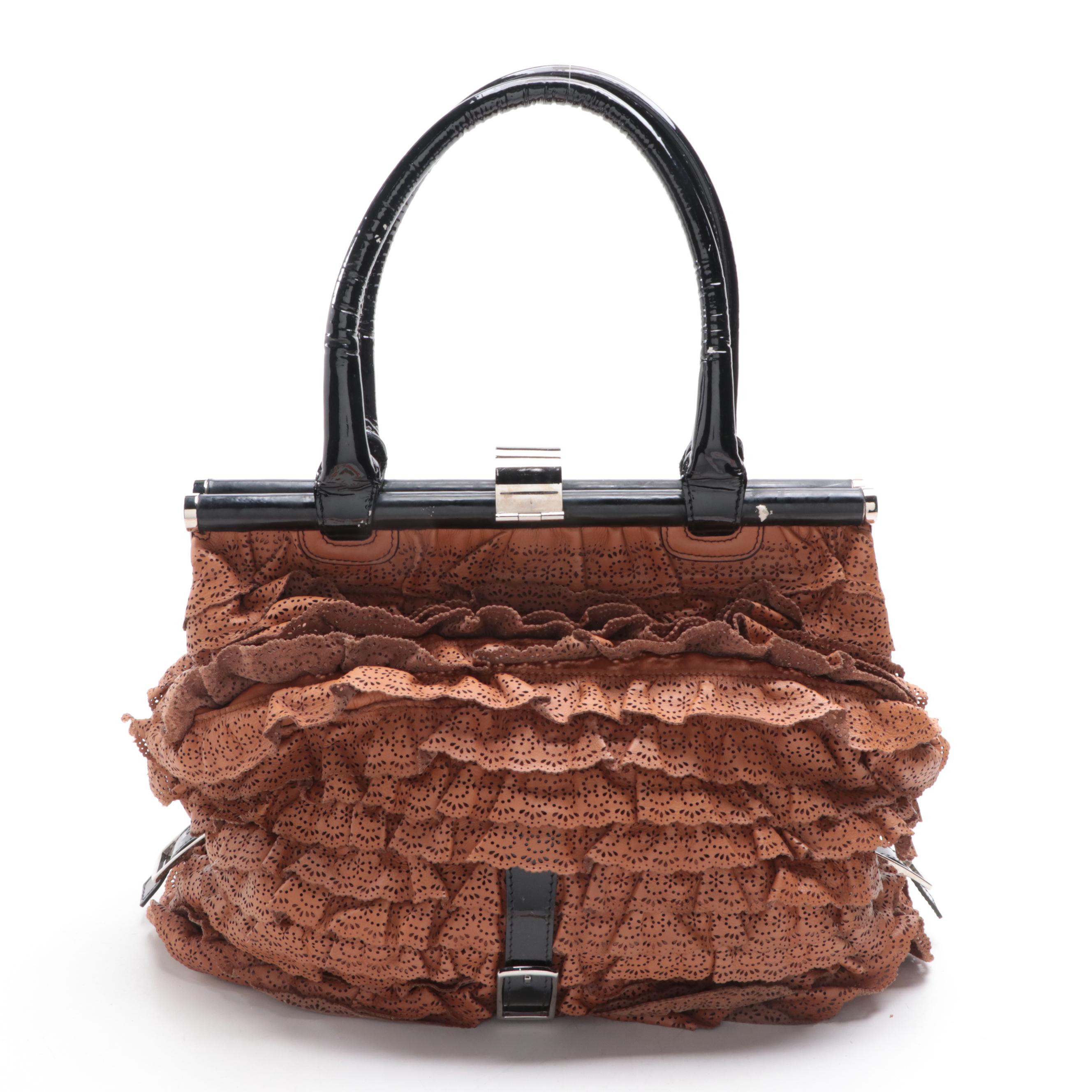 Valentino Allure Ruffled Frame Bag in Brown Perforated Scalloped Leather