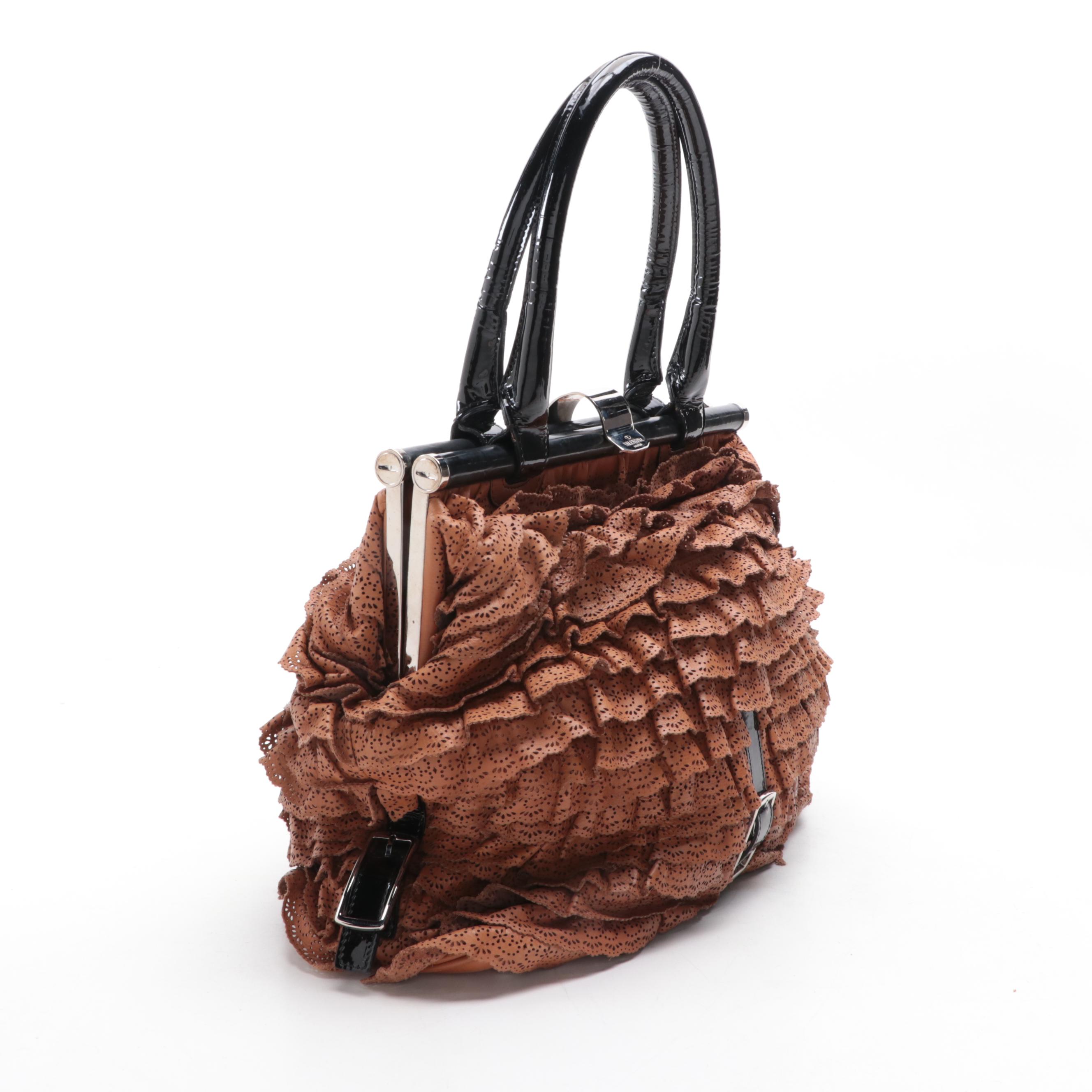 Valentino Allure Ruffled Frame Bag in Brown Perforated Scalloped Leather