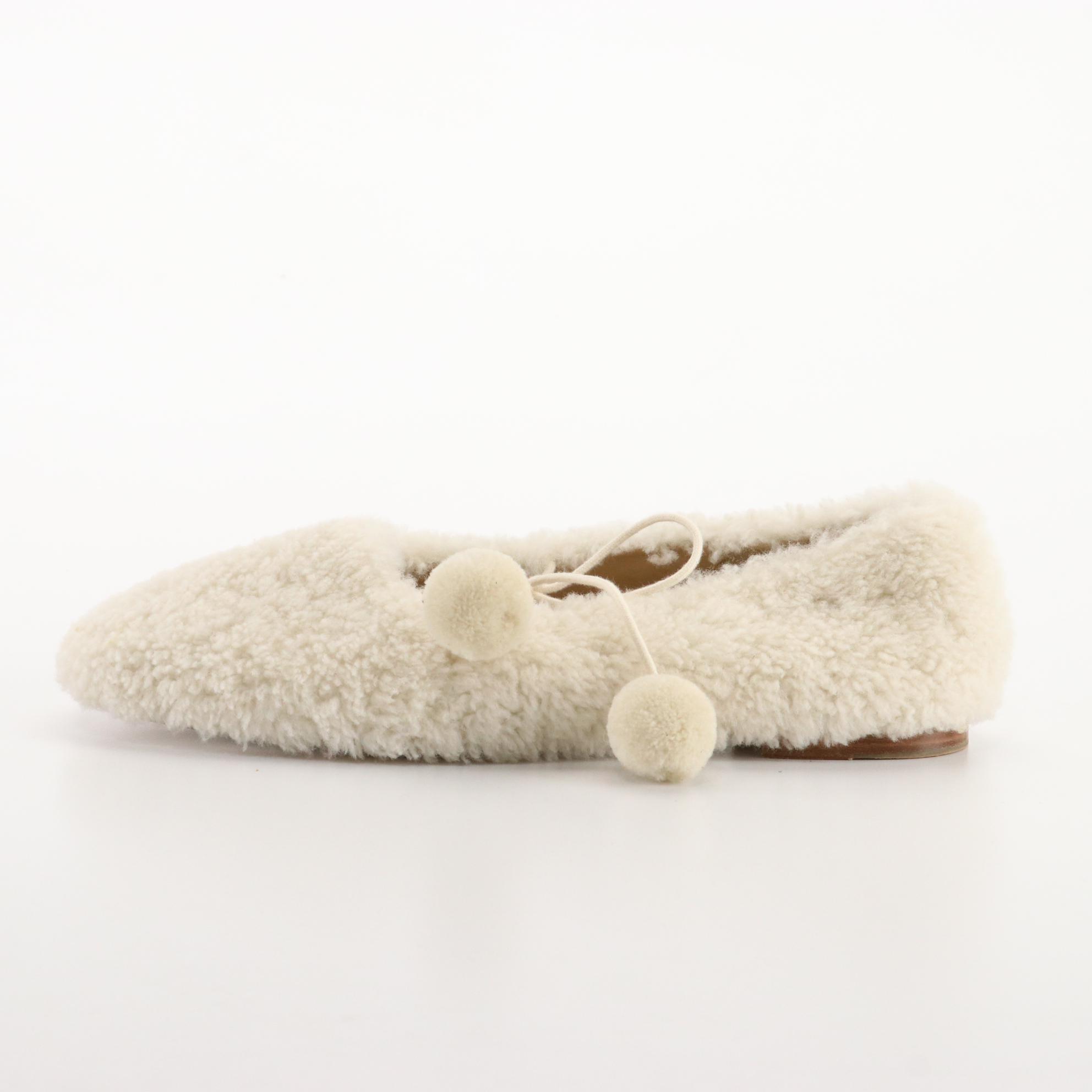 Sleeper Lulu Shearling and Leather Ballet Flat Slippers with Pom-Pom Ties