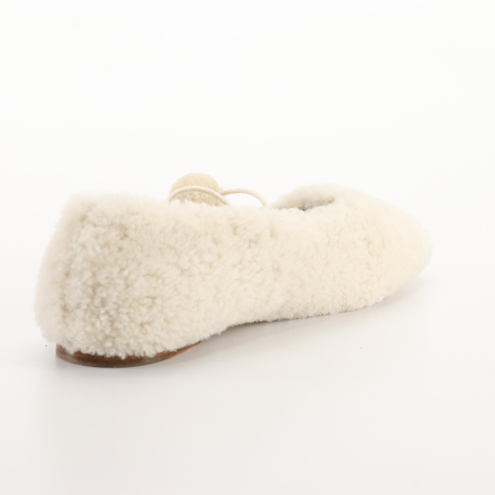 Sleeper Lulu Shearling and Leather Ballet Flat Slippers with Pom-Pom Ties