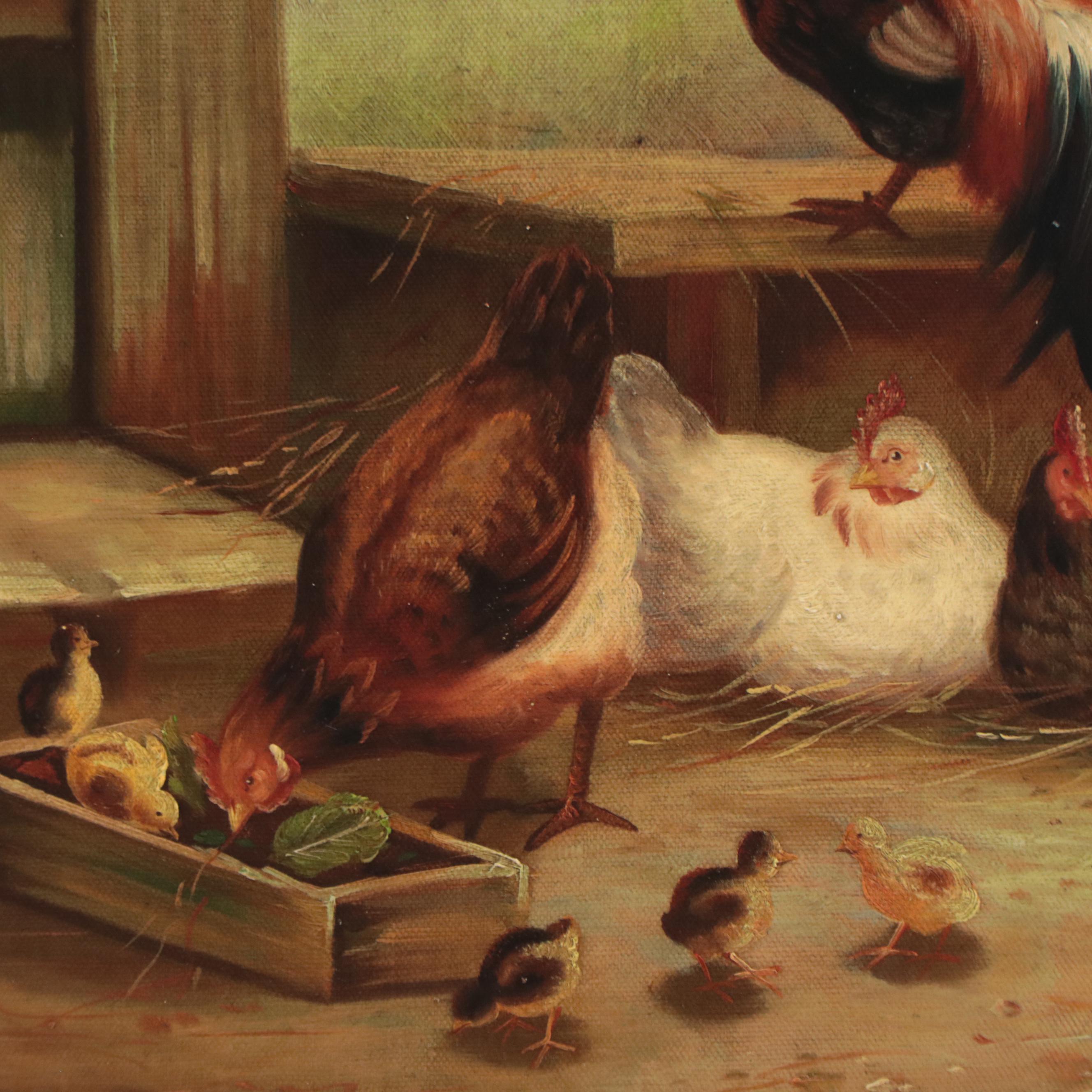 Pastoral Oil Painting of Chickens