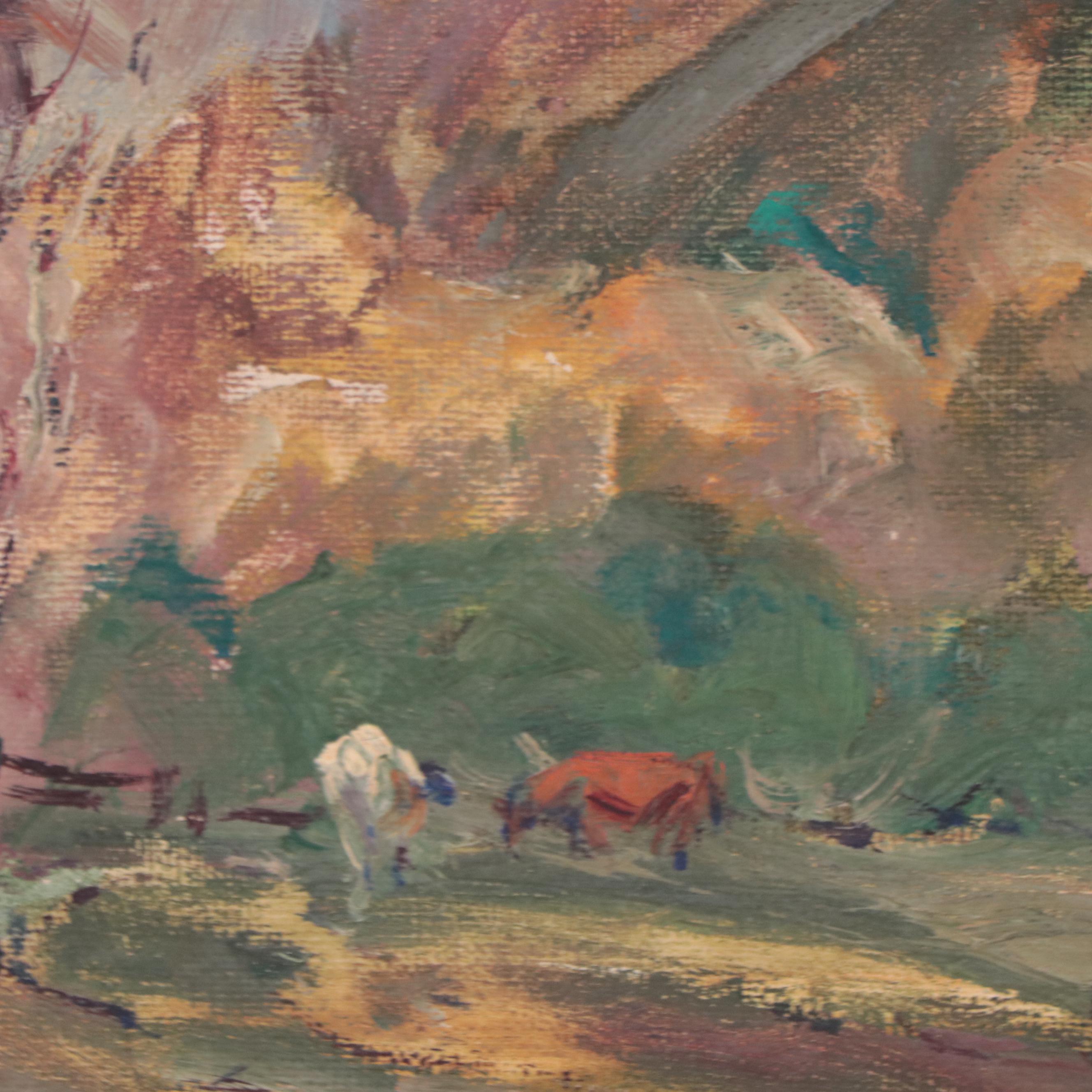 Oil Painting of Cows in Alpine Landscape