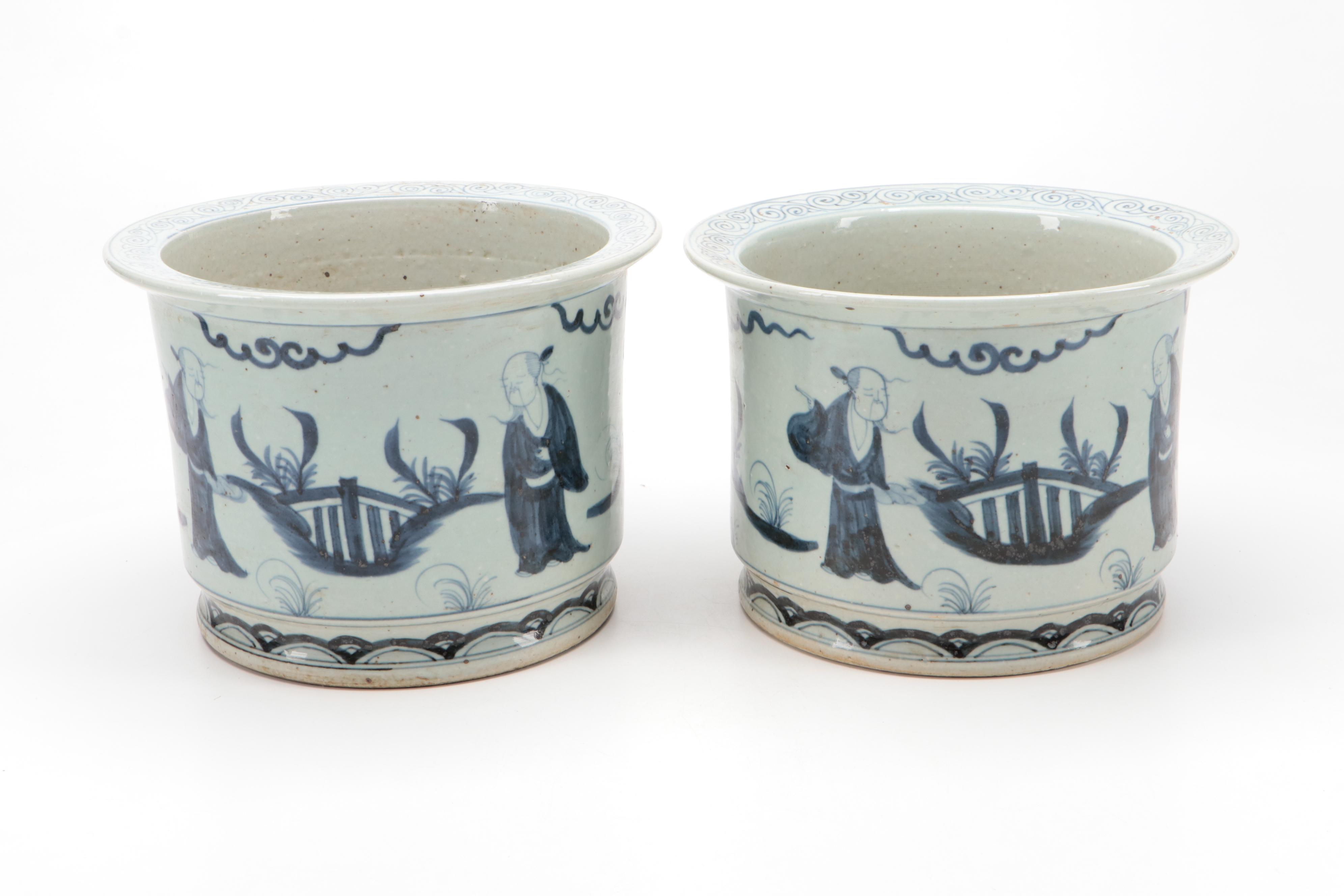 Chinese Hand-Painted Blue and White Porcelain Garden Scene Planters