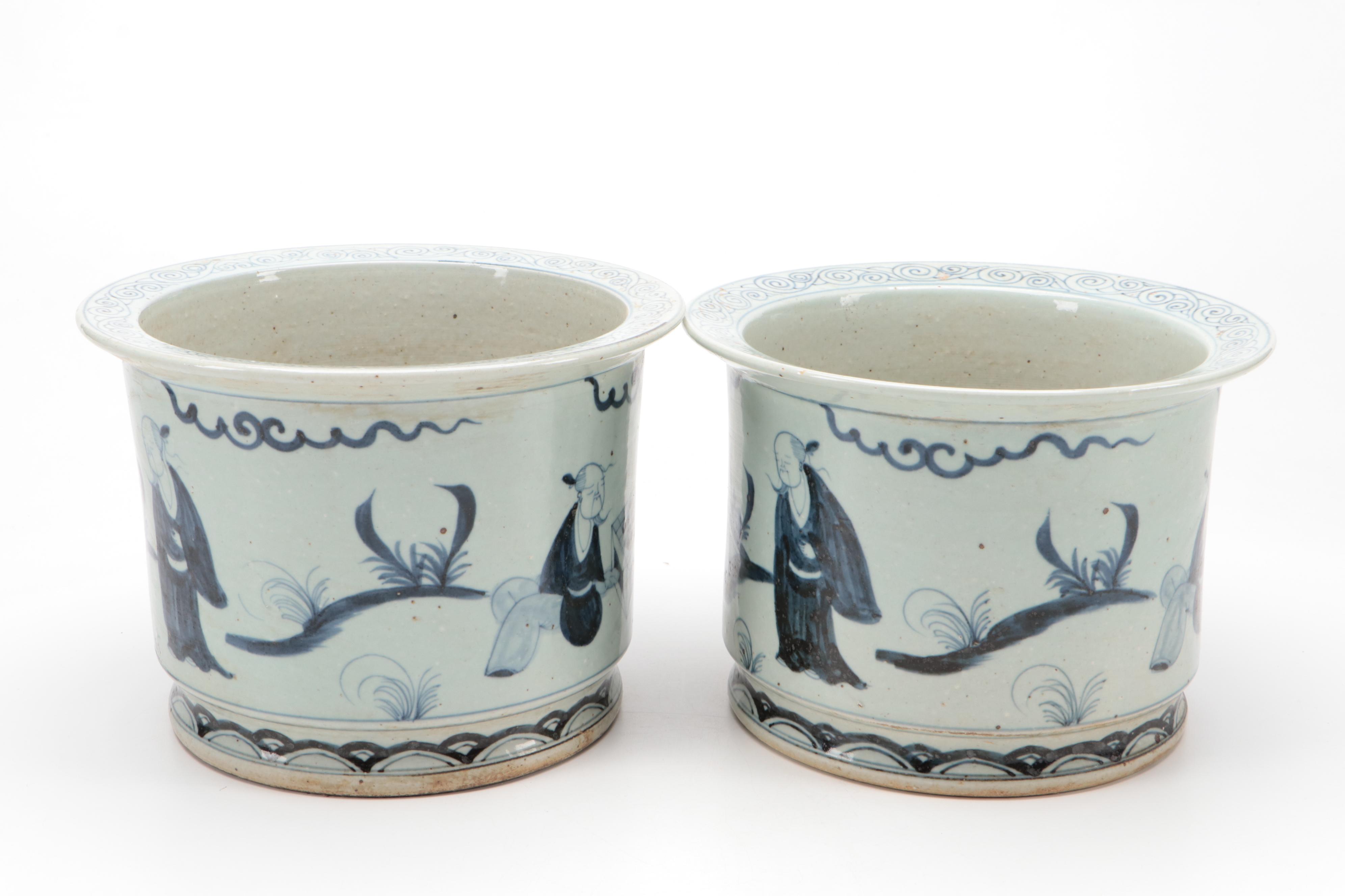 Chinese Hand-Painted Blue and White Porcelain Garden Scene Planters