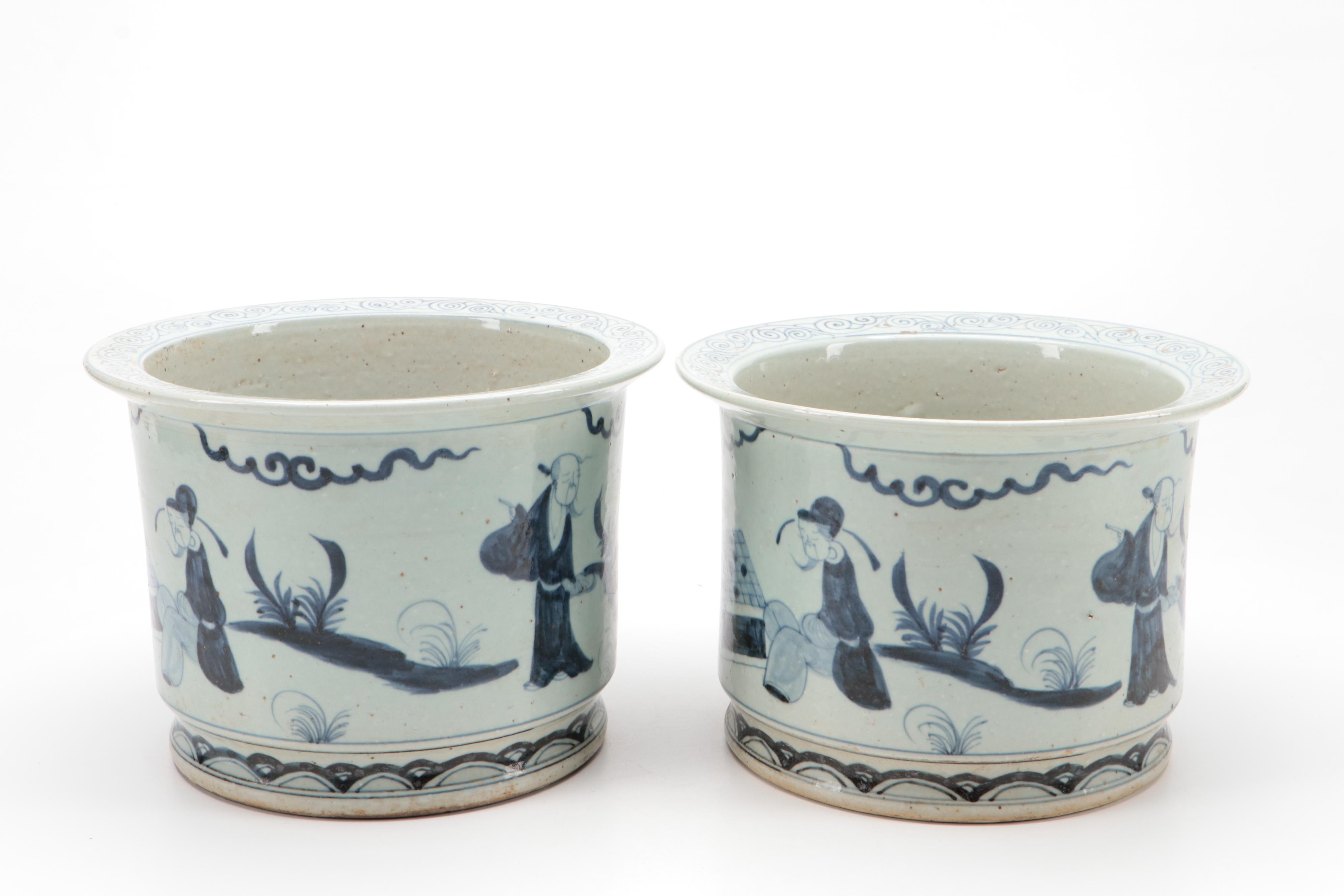 Chinese Hand-Painted Blue and White Porcelain Garden Scene Planters