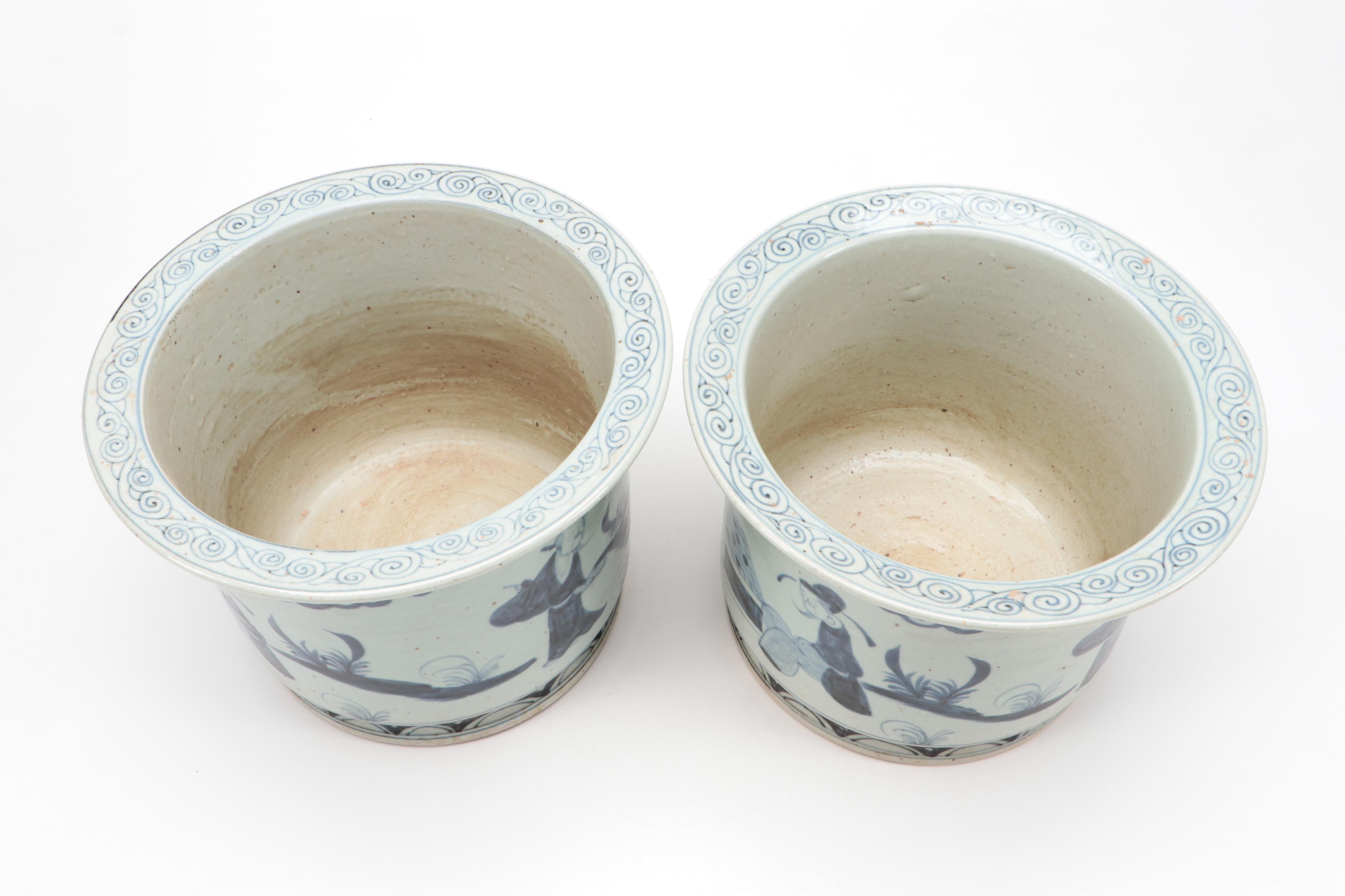 Chinese Hand-Painted Blue and White Porcelain Garden Scene Planters