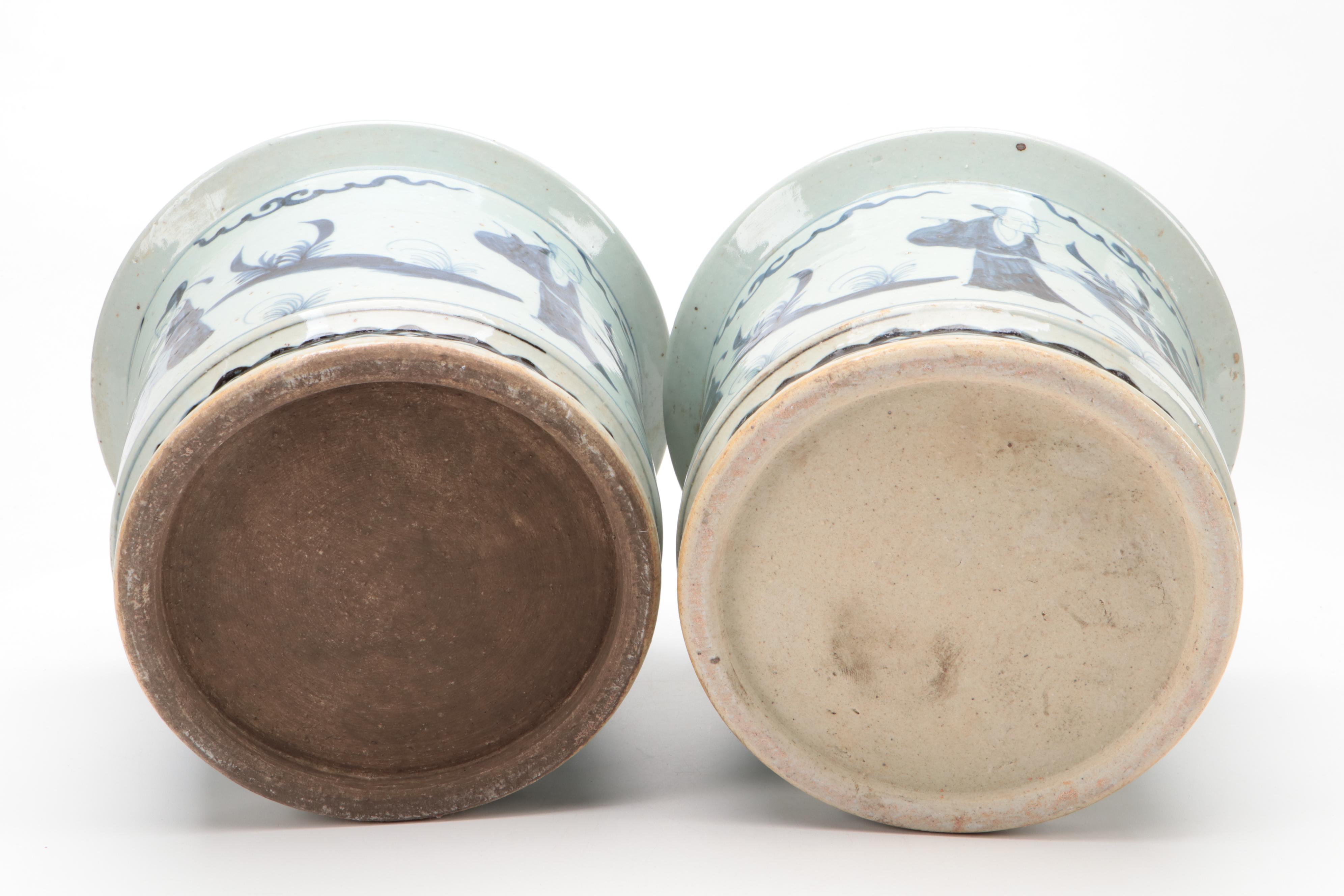 Chinese Hand-Painted Blue and White Porcelain Garden Scene Planters