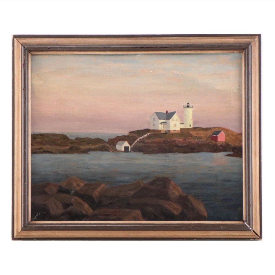 Coastal Landscape Oil Painting of Cape Neddick Lighthouse, Maine