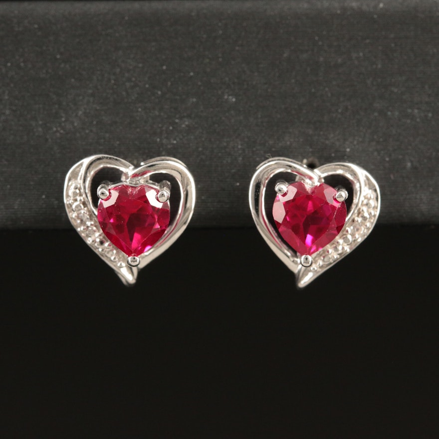 Sterling Ruby and White Sapphire Heart Stud Earrings