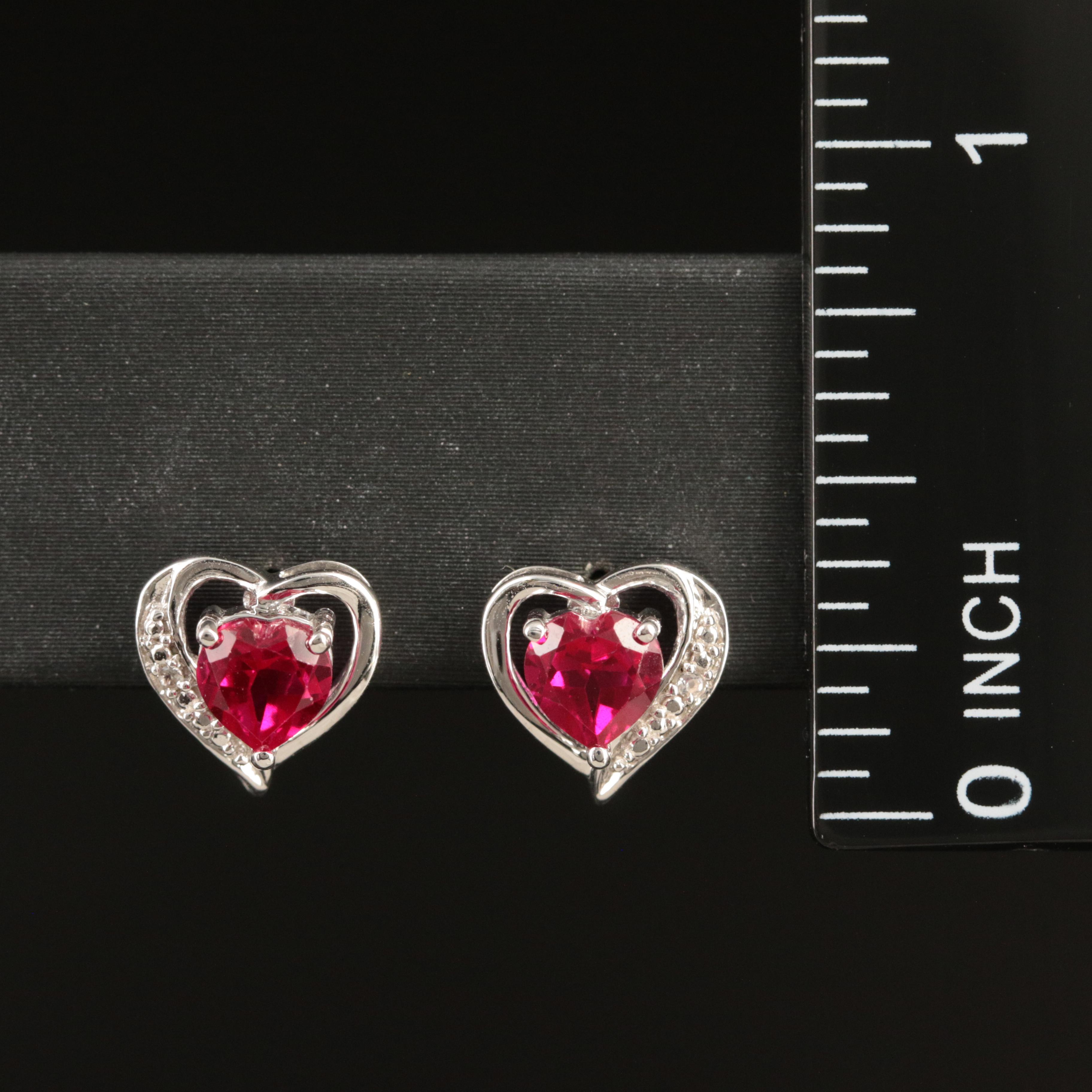 Sterling Ruby and White Sapphire Heart Stud Earrings