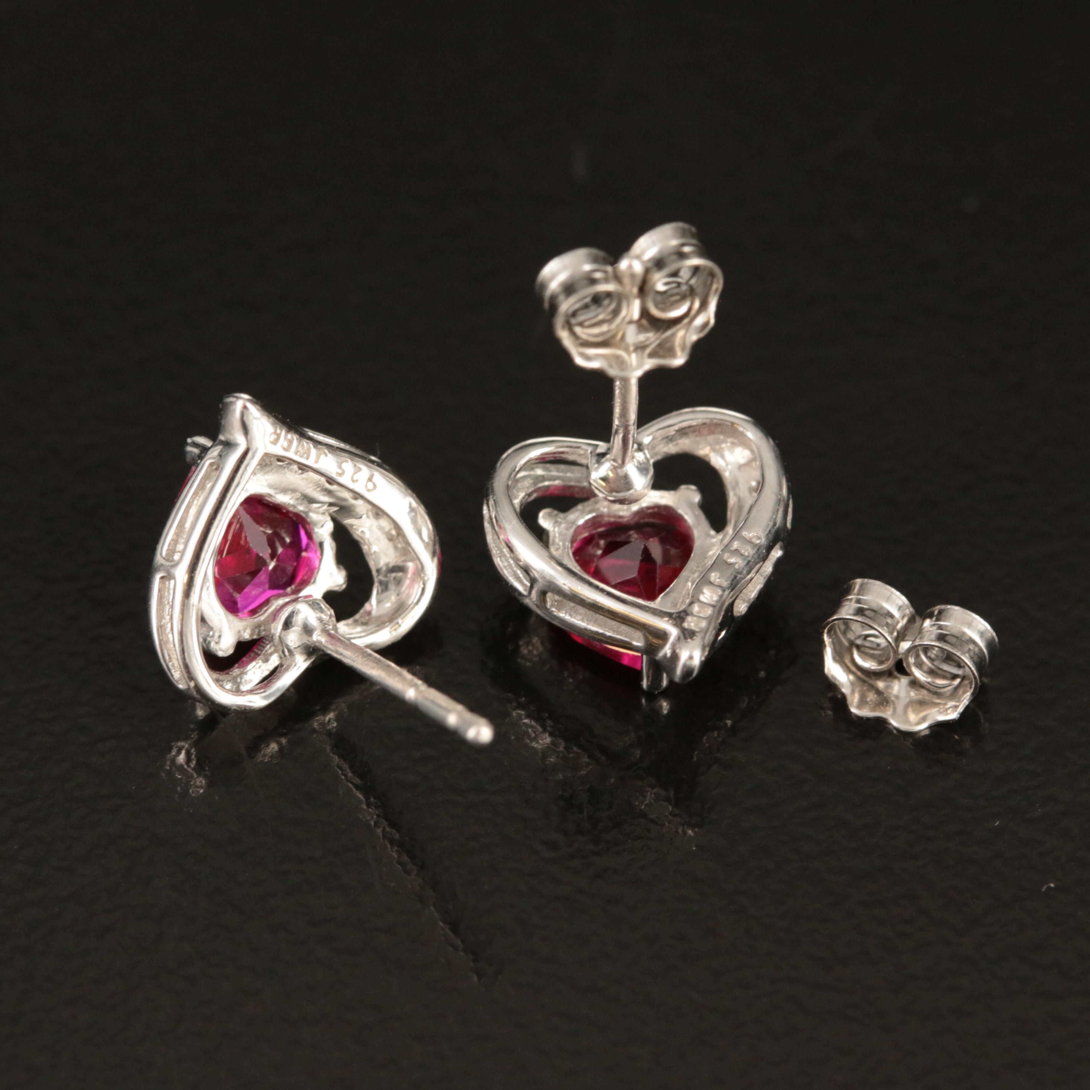 Sterling Ruby and White Sapphire Heart Stud Earrings