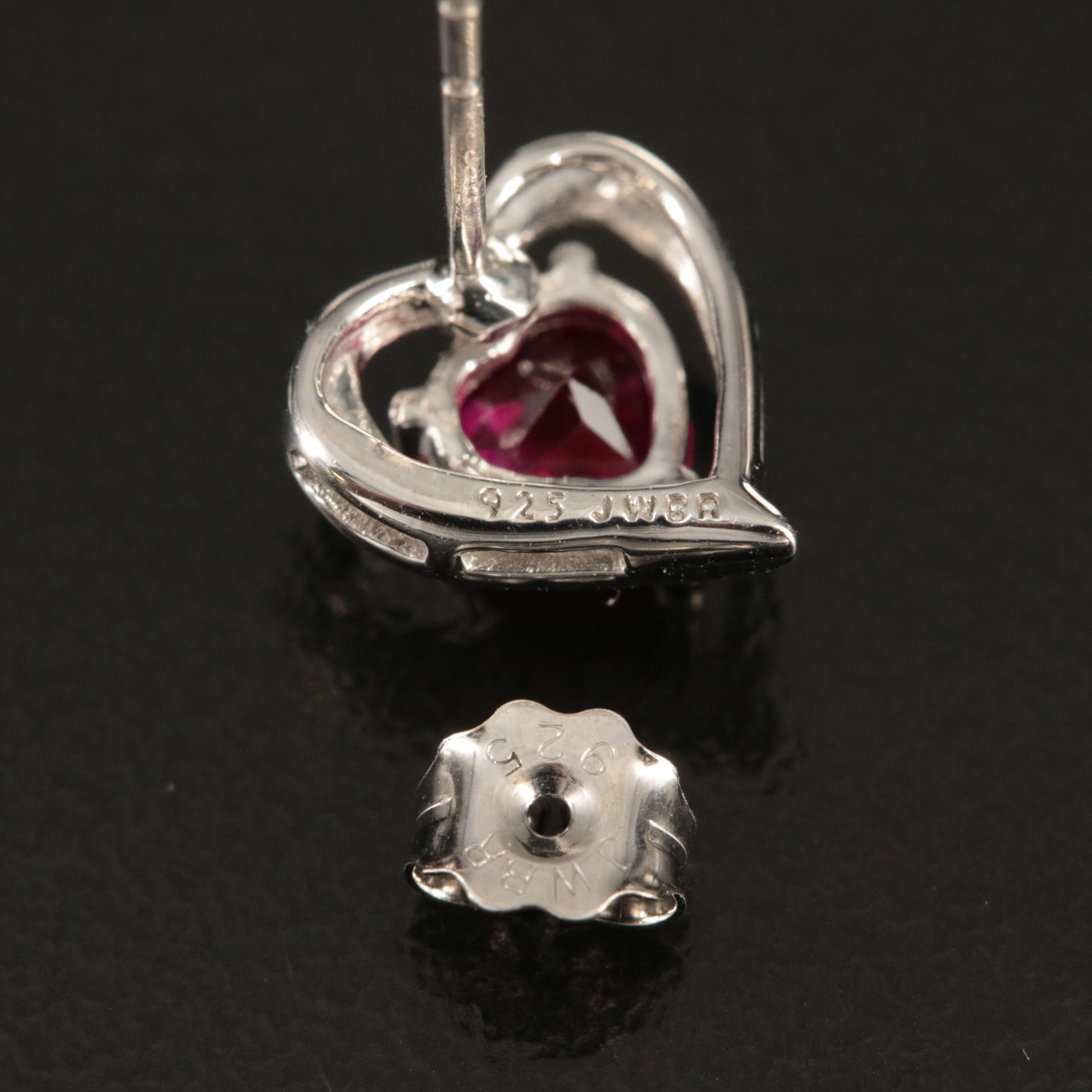 Sterling Ruby and White Sapphire Heart Stud Earrings