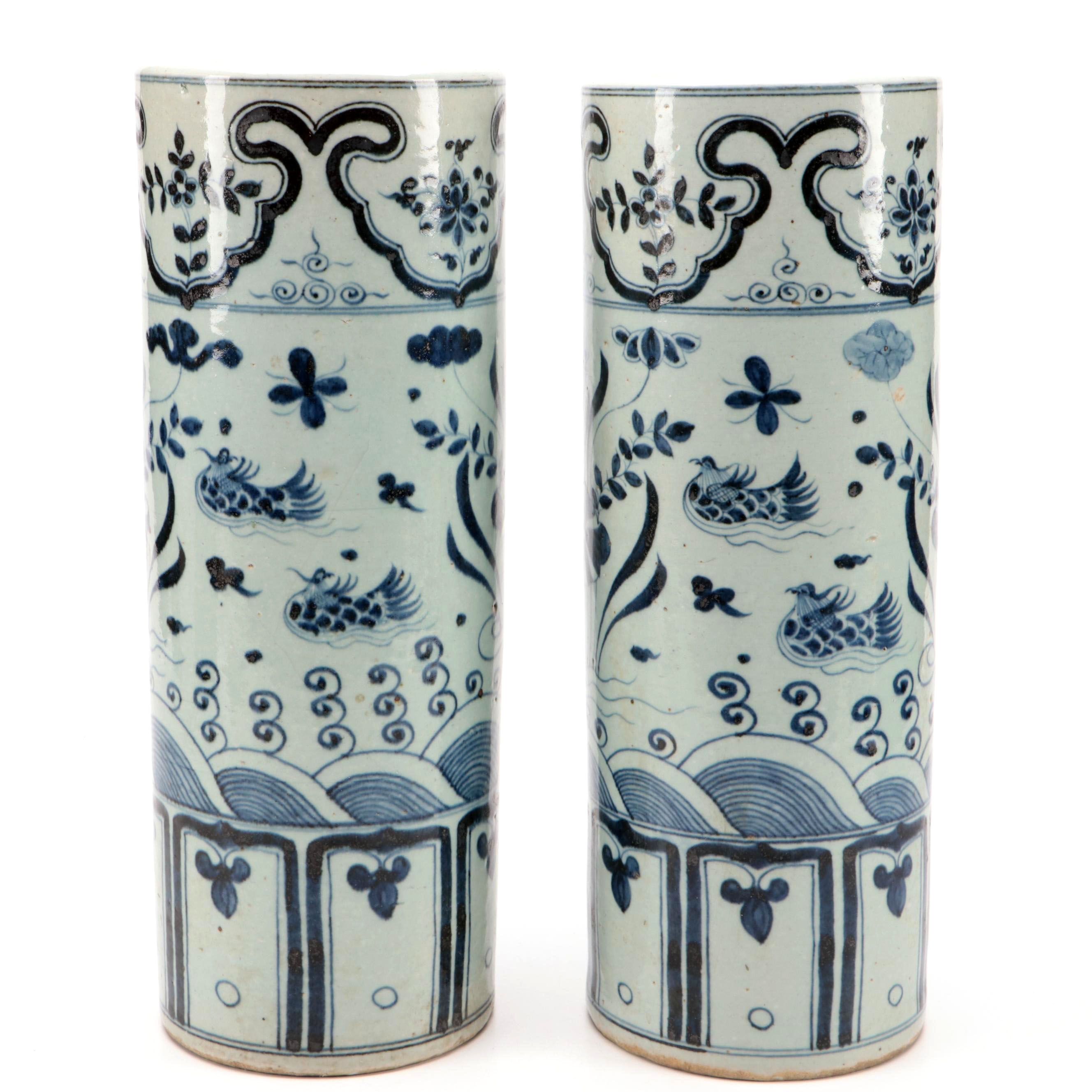 Pair of Chinese Blue and White Hand-Painted Porcelain Umbrella Stands