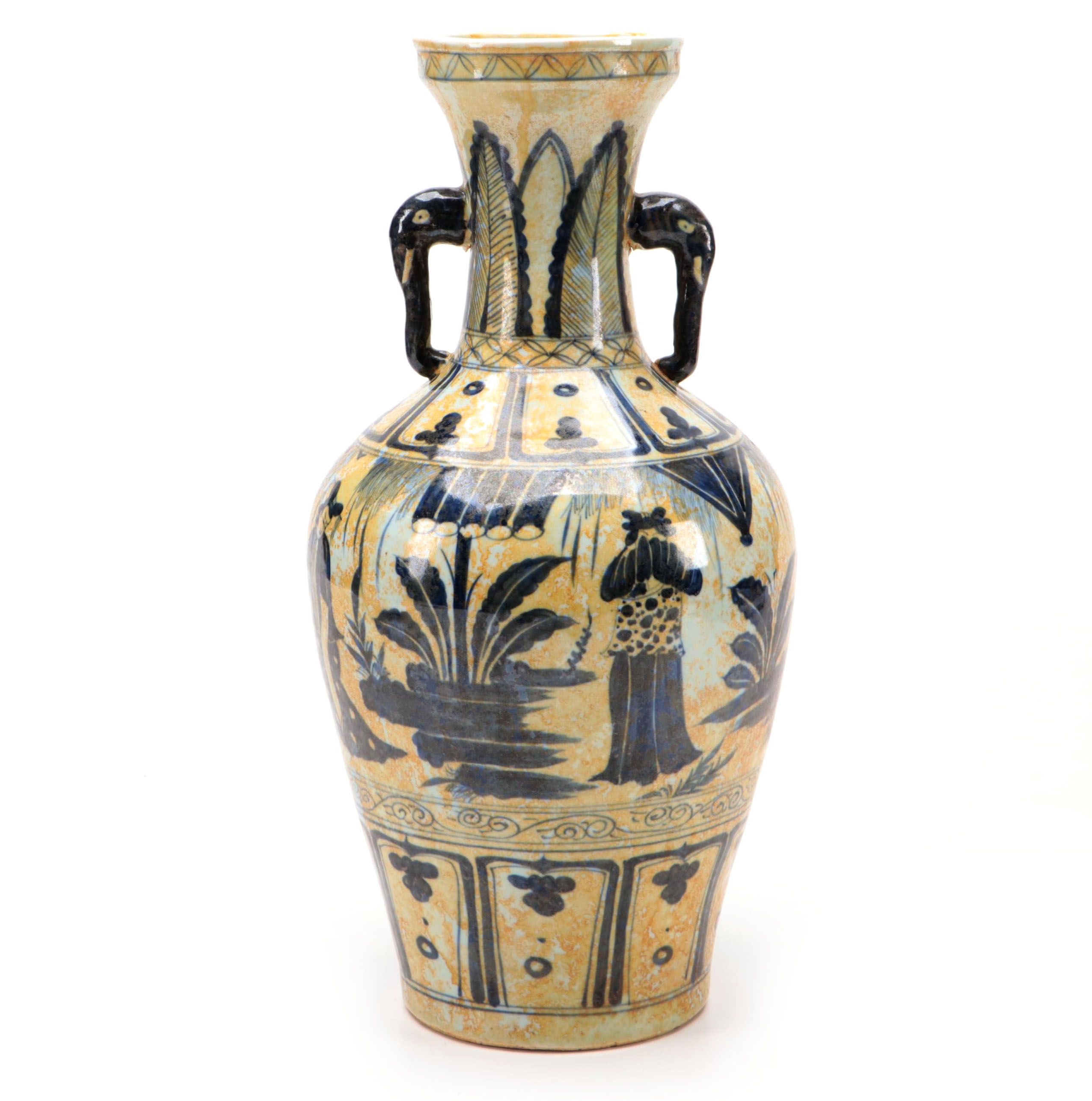 Chinese Hand-Painted Blue and White Porcelain Vase with Elephant Handles