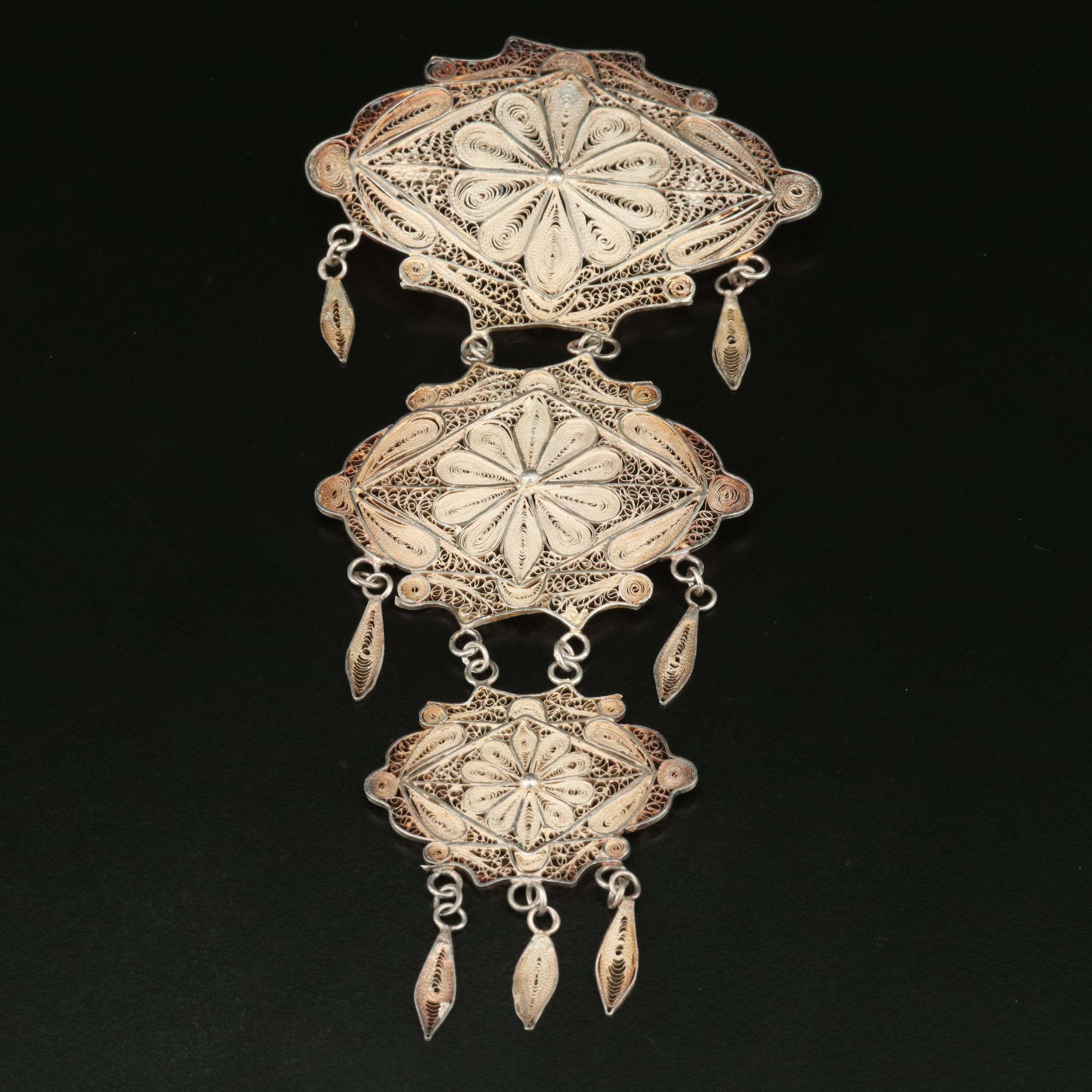 Vintage 900 Silver Floral Filigree Converter Brooch