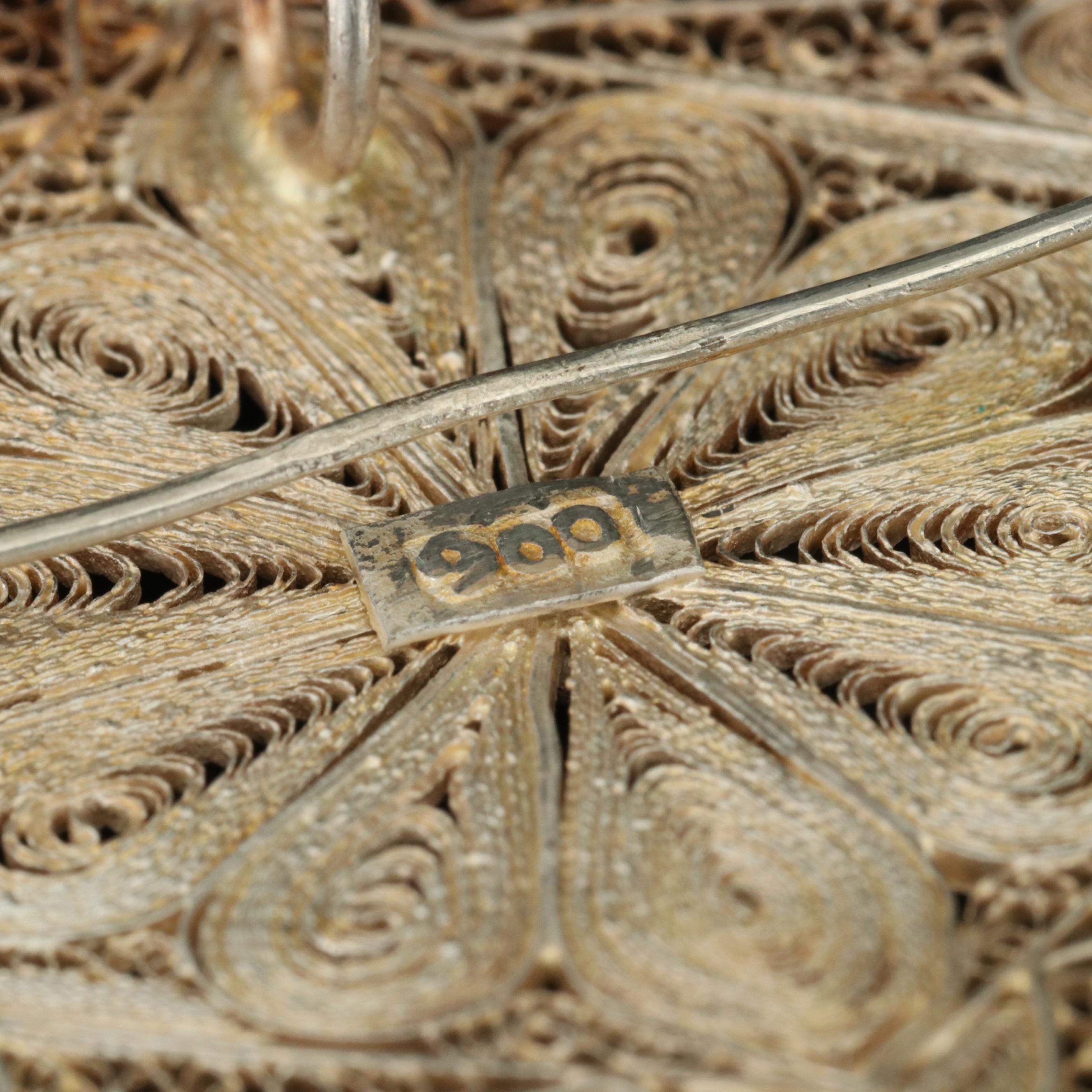 Vintage 900 Silver Floral Filigree Converter Brooch