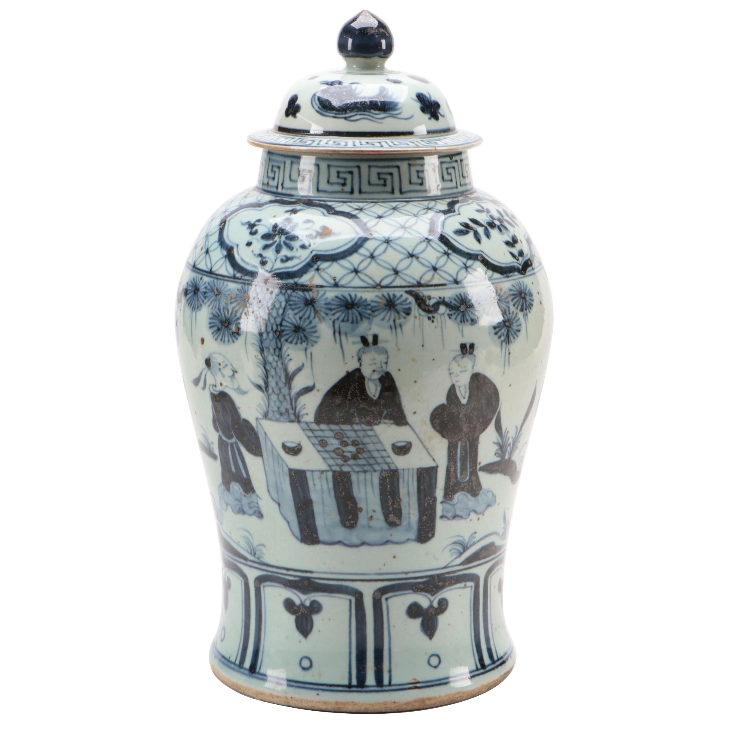 Chinese Blue and White Hand-Painted Garden Scene Porcelain Ginger Jar