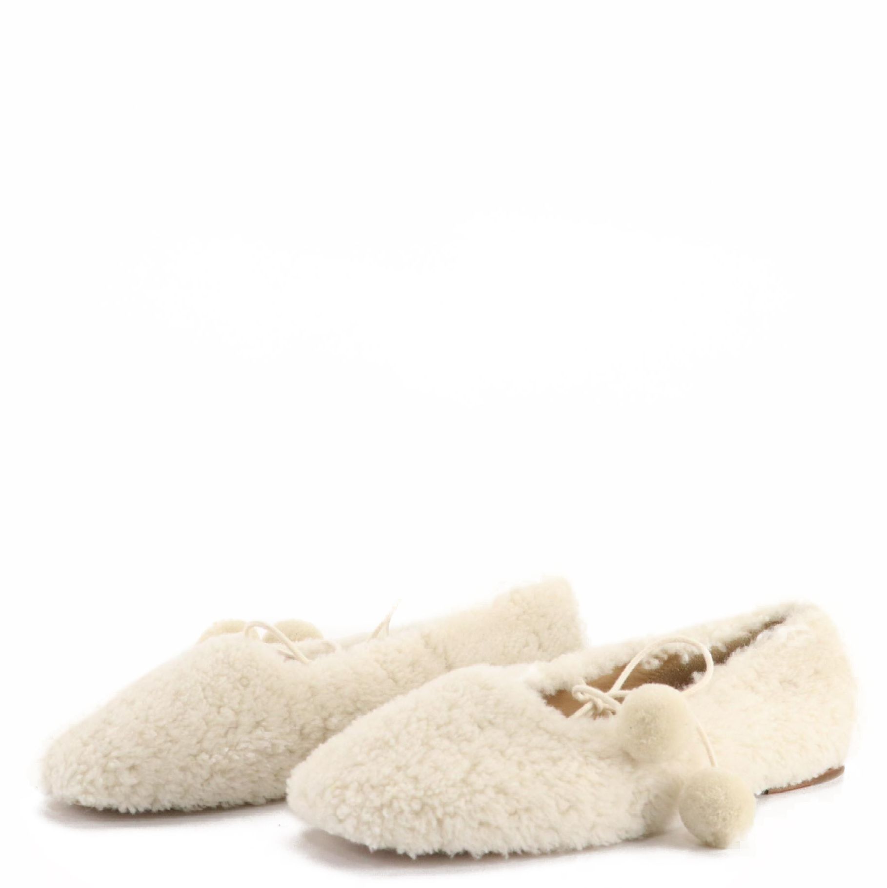 Sleeper Lulu Shearling and Leather Ballet Flat Slippers with Pom-Pom Ties