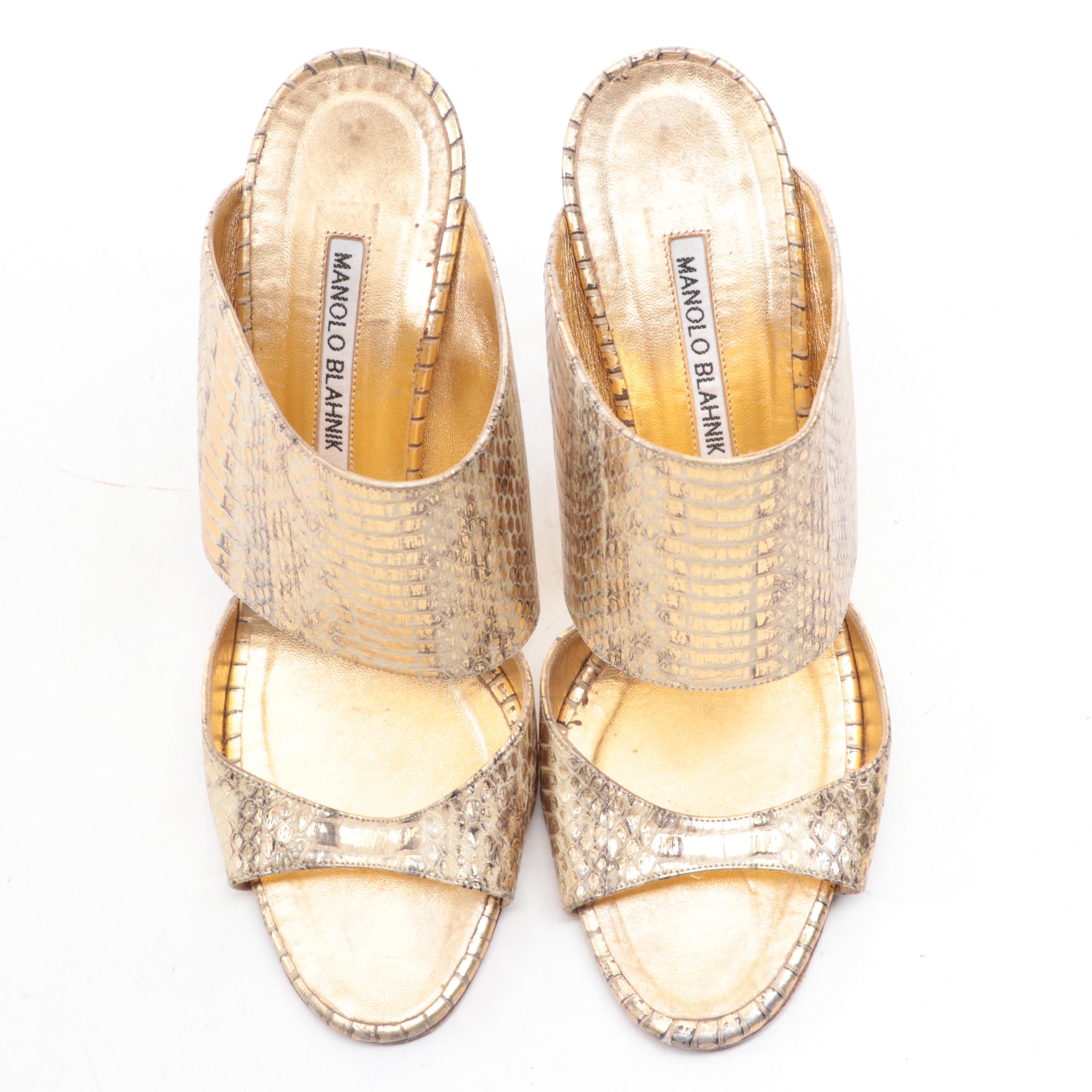 Manolo Blahnik Metallic Snakeskin Sandals