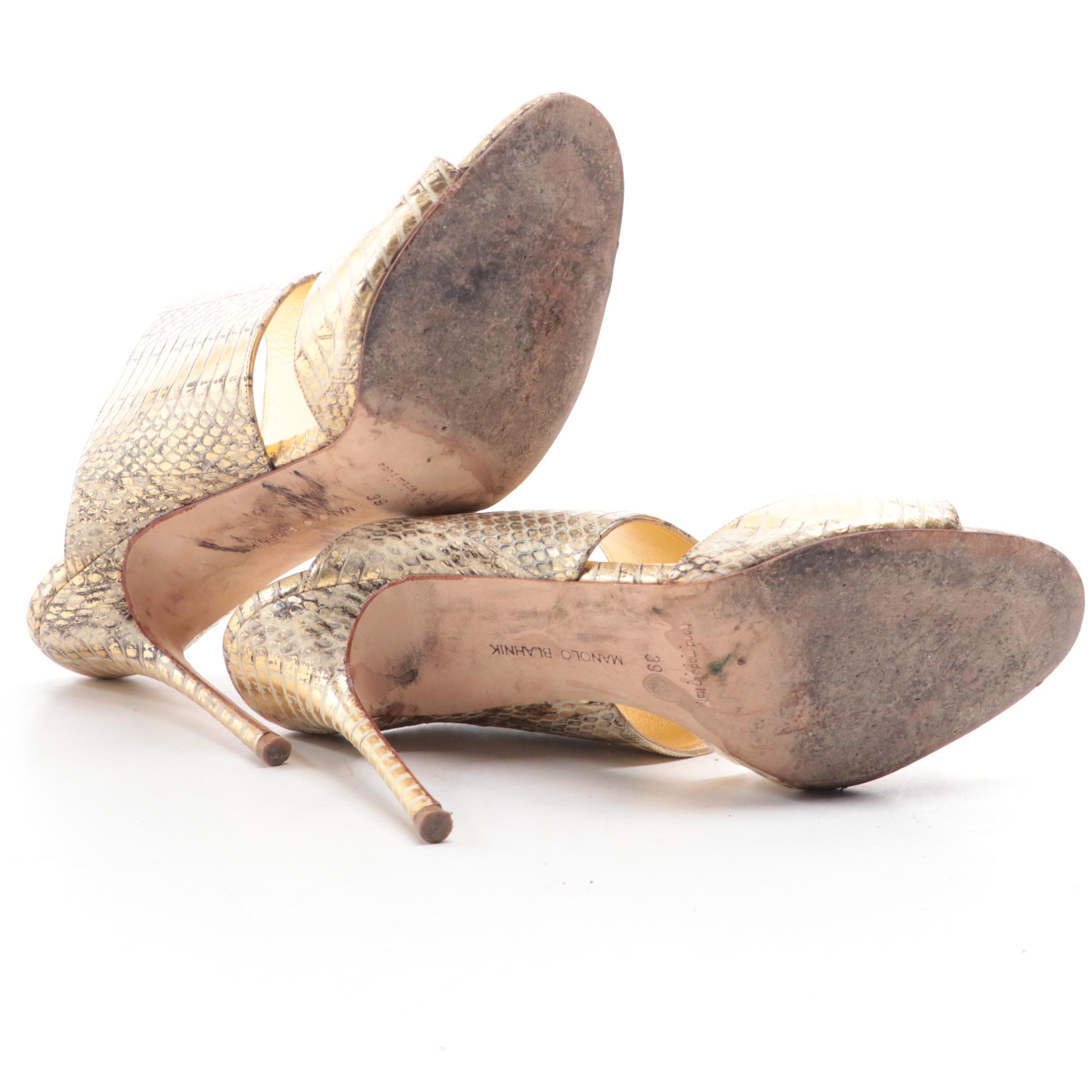 Manolo Blahnik Metallic Snakeskin Sandals