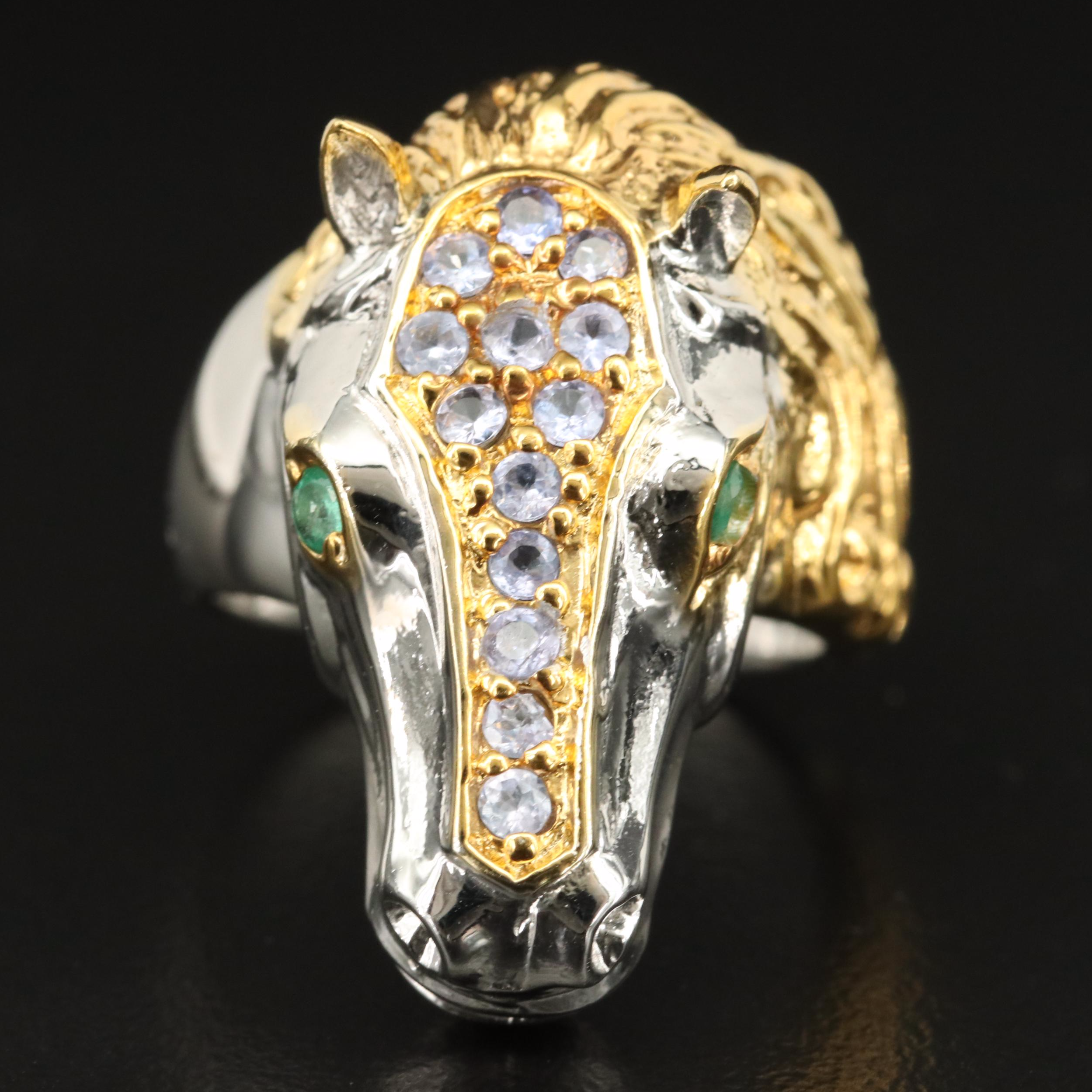 Sterling Emerald and Tanzanite Horse Head Ring