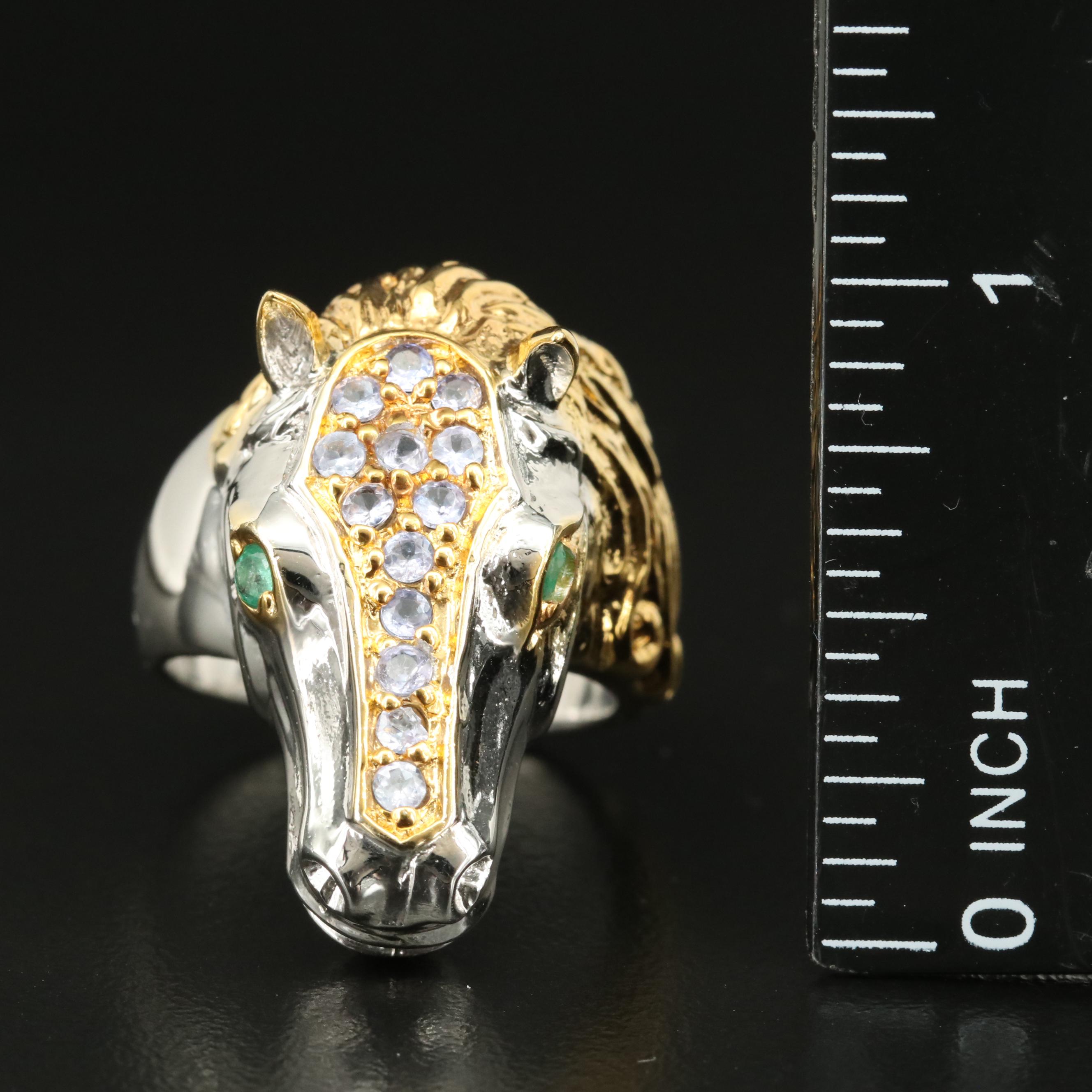 Sterling Emerald and Tanzanite Horse Head Ring