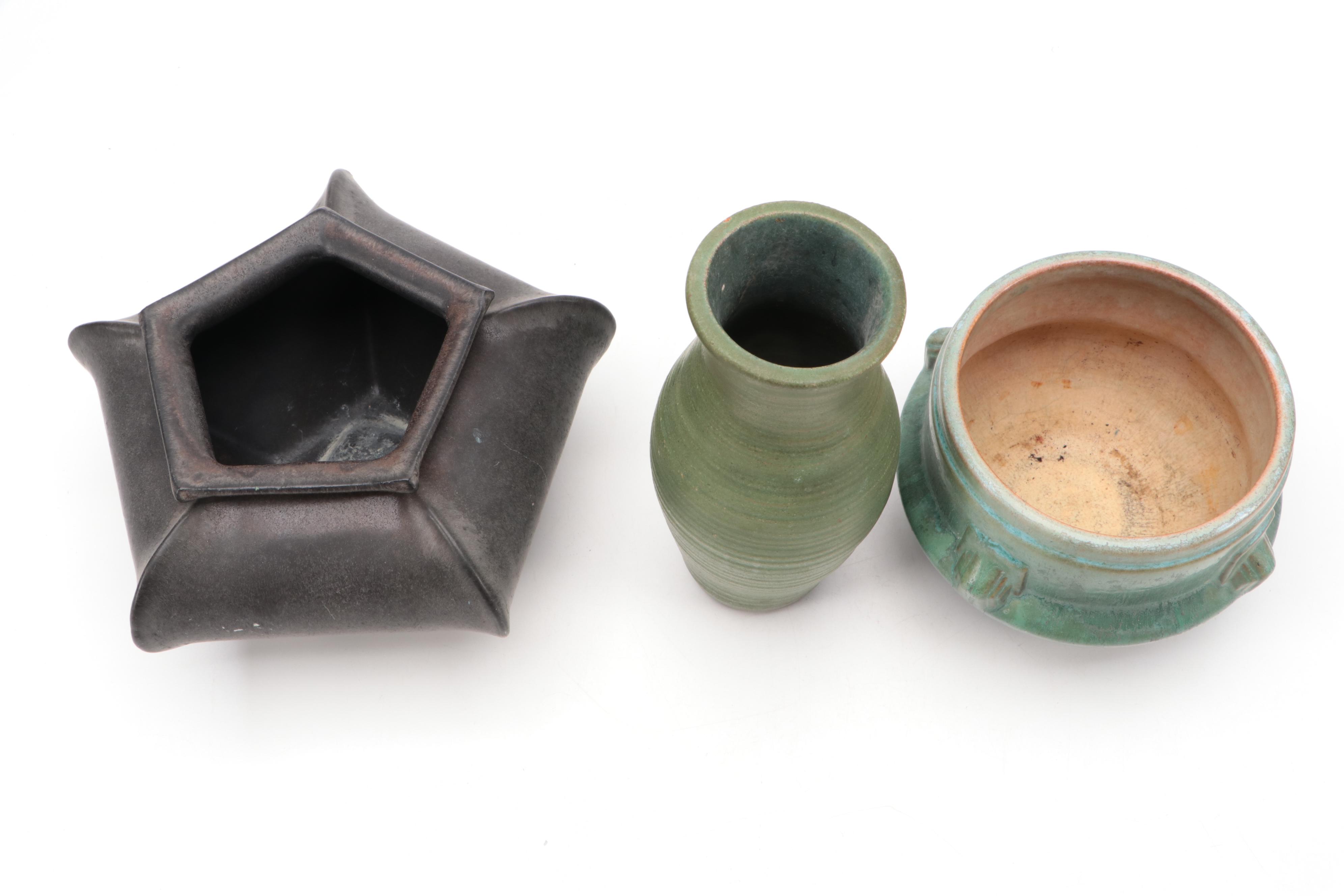 Mangum Pottery Pentagonal Planter with Other Ceramic Vases