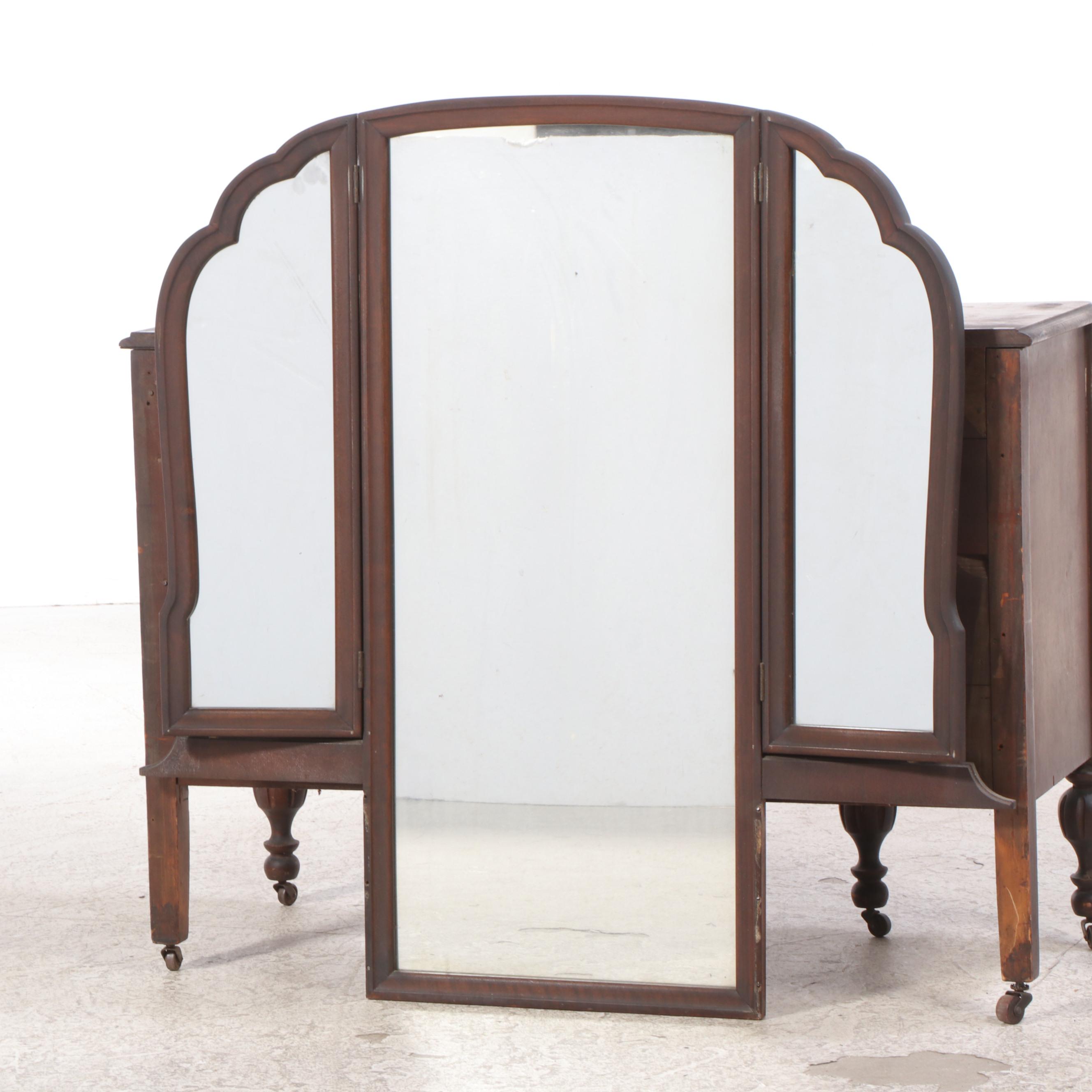 Louis XVI Style Walnut Vanity Table with Dressing Mirror, Early to Mid 20th C