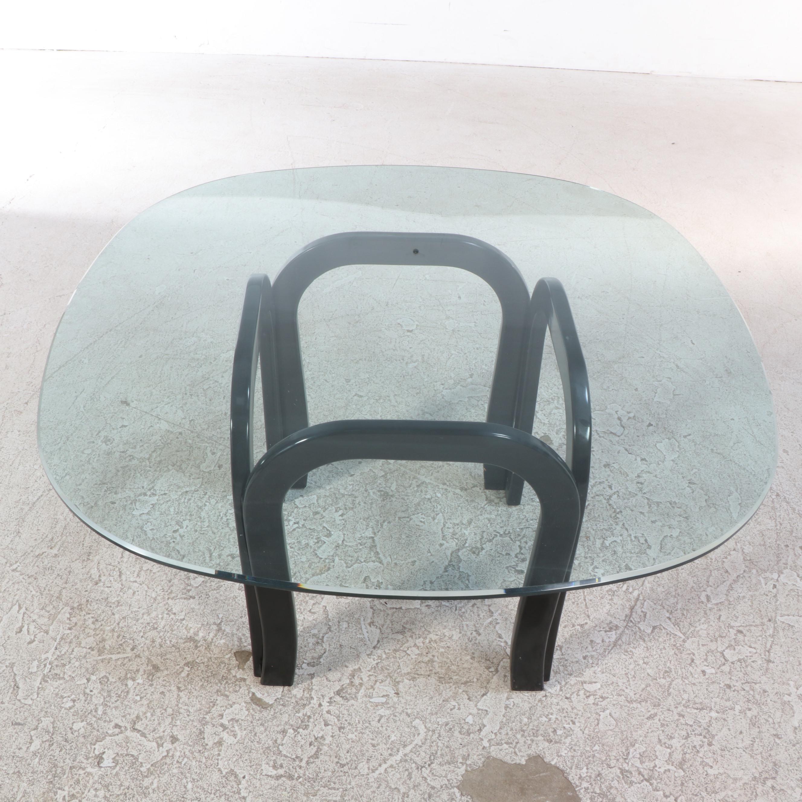 Post-Modernist Chinese Style Black Lacquered Wood and Glass Dining Set