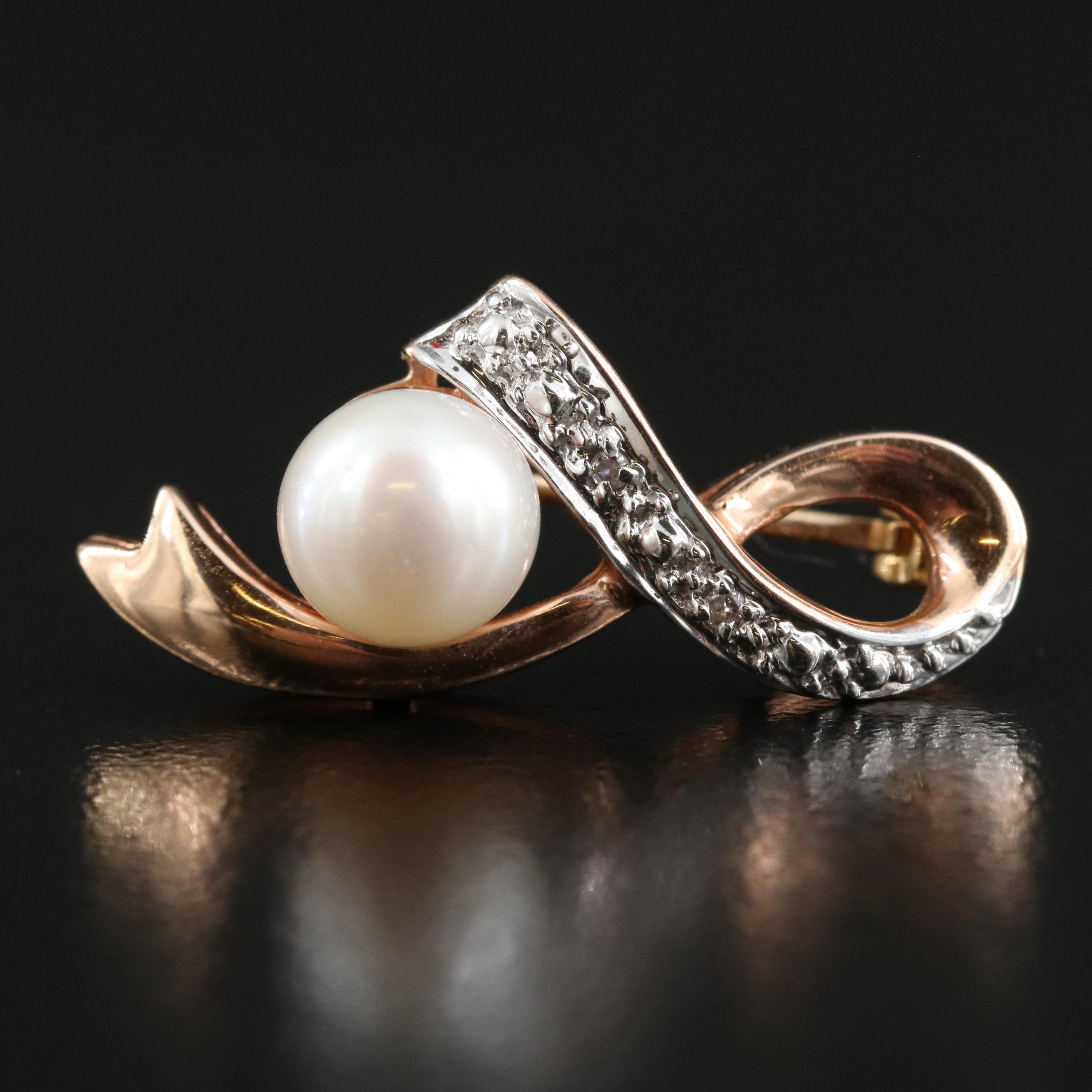 14K Rose Gold Pearl and Diamond Ribbon Brooch