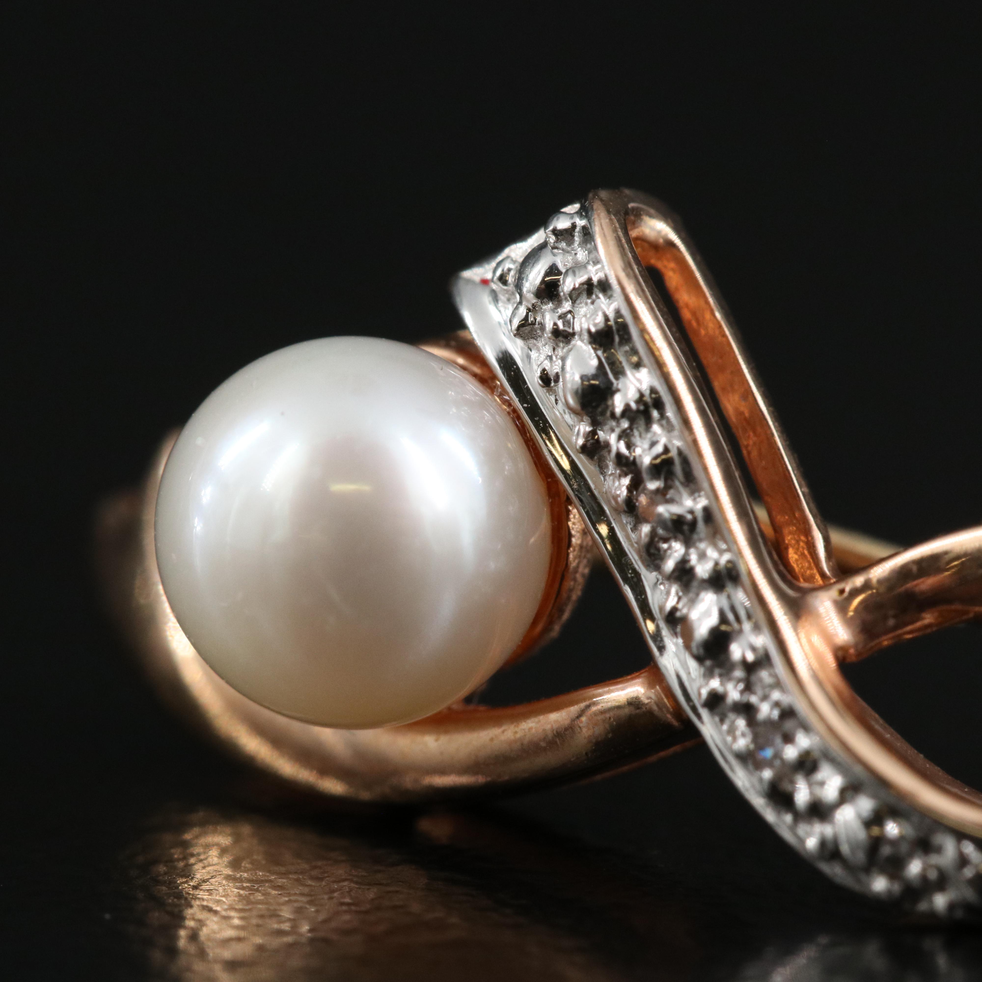14K Rose Gold Pearl and Diamond Ribbon Brooch