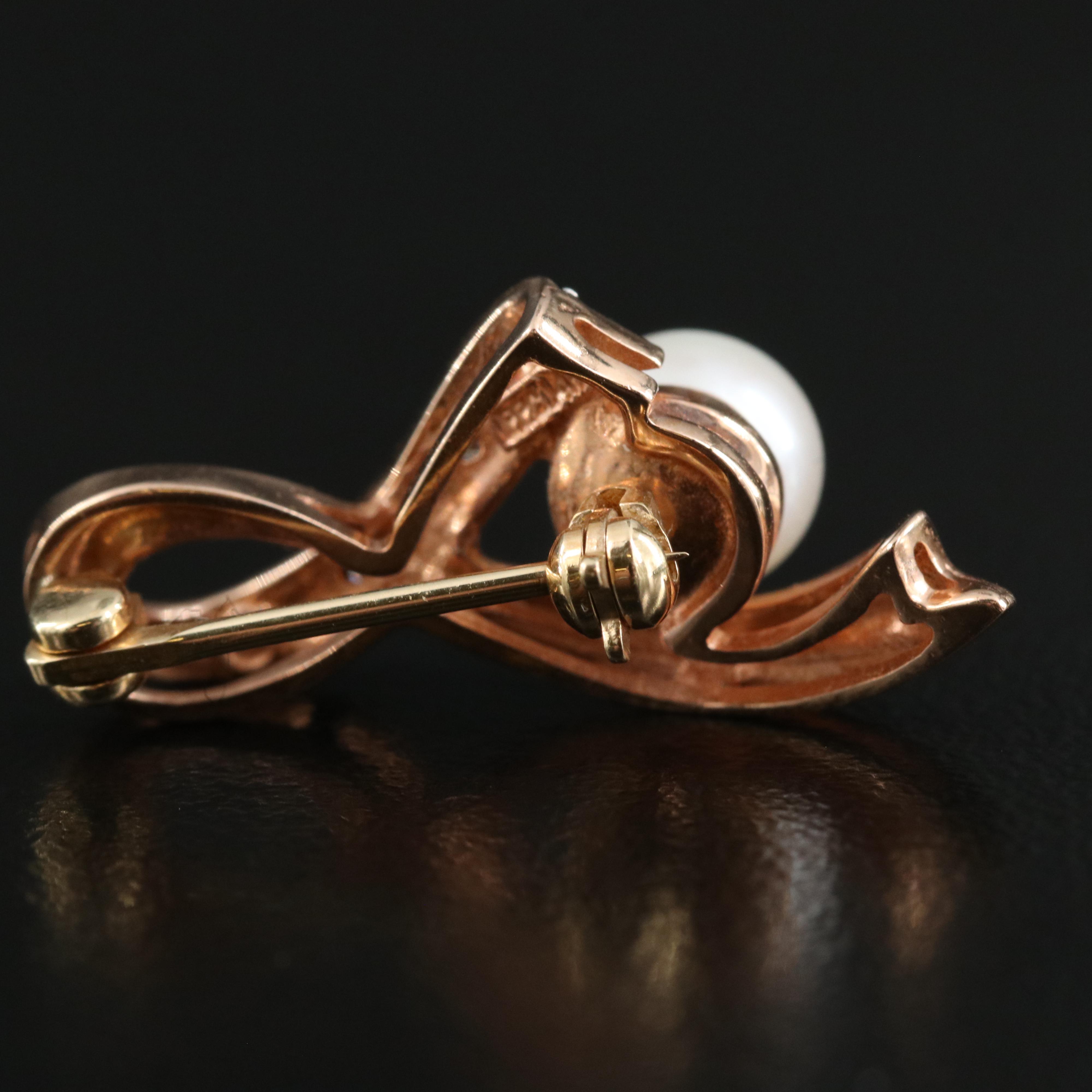 14K Rose Gold Pearl and Diamond Ribbon Brooch