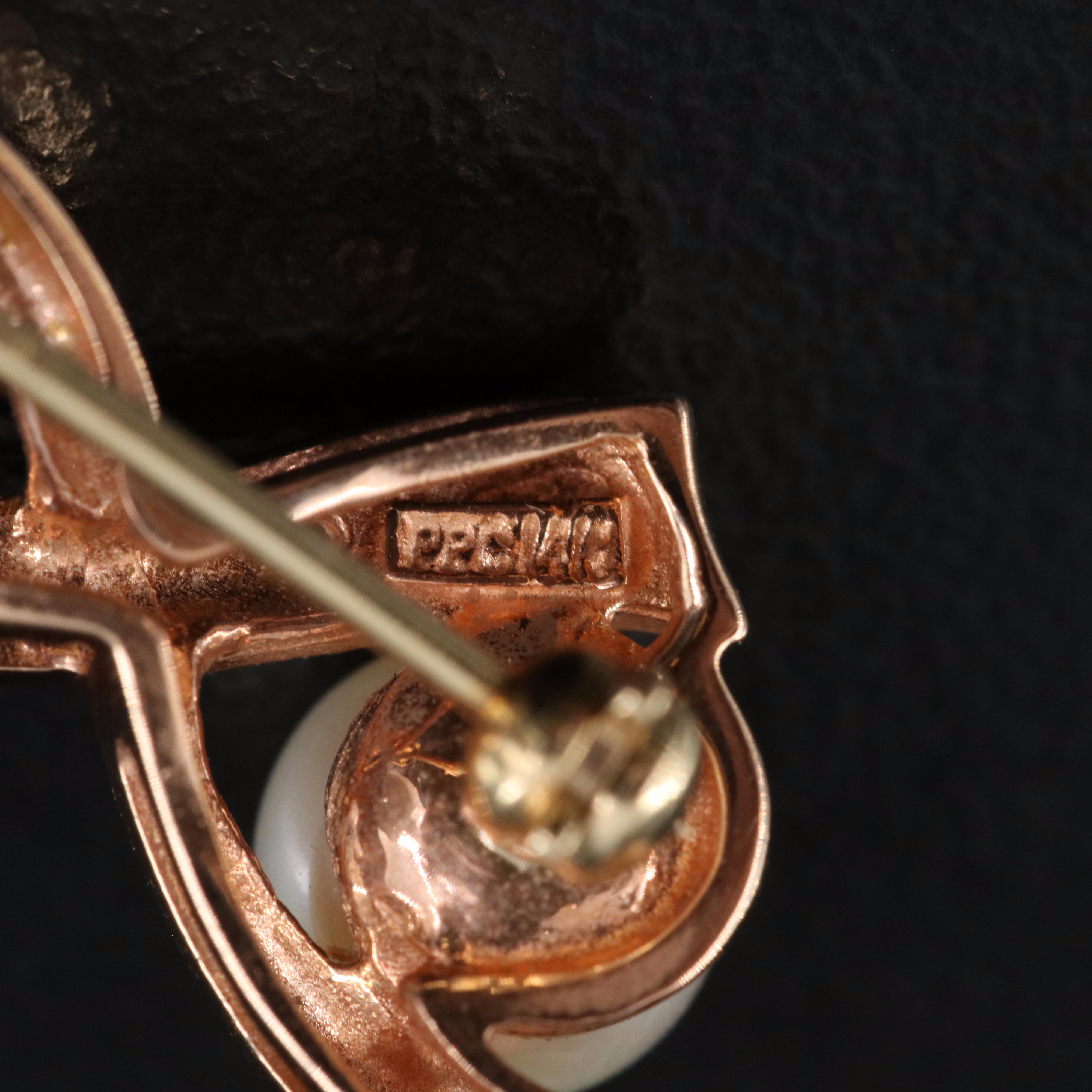 14K Rose Gold Pearl and Diamond Ribbon Brooch