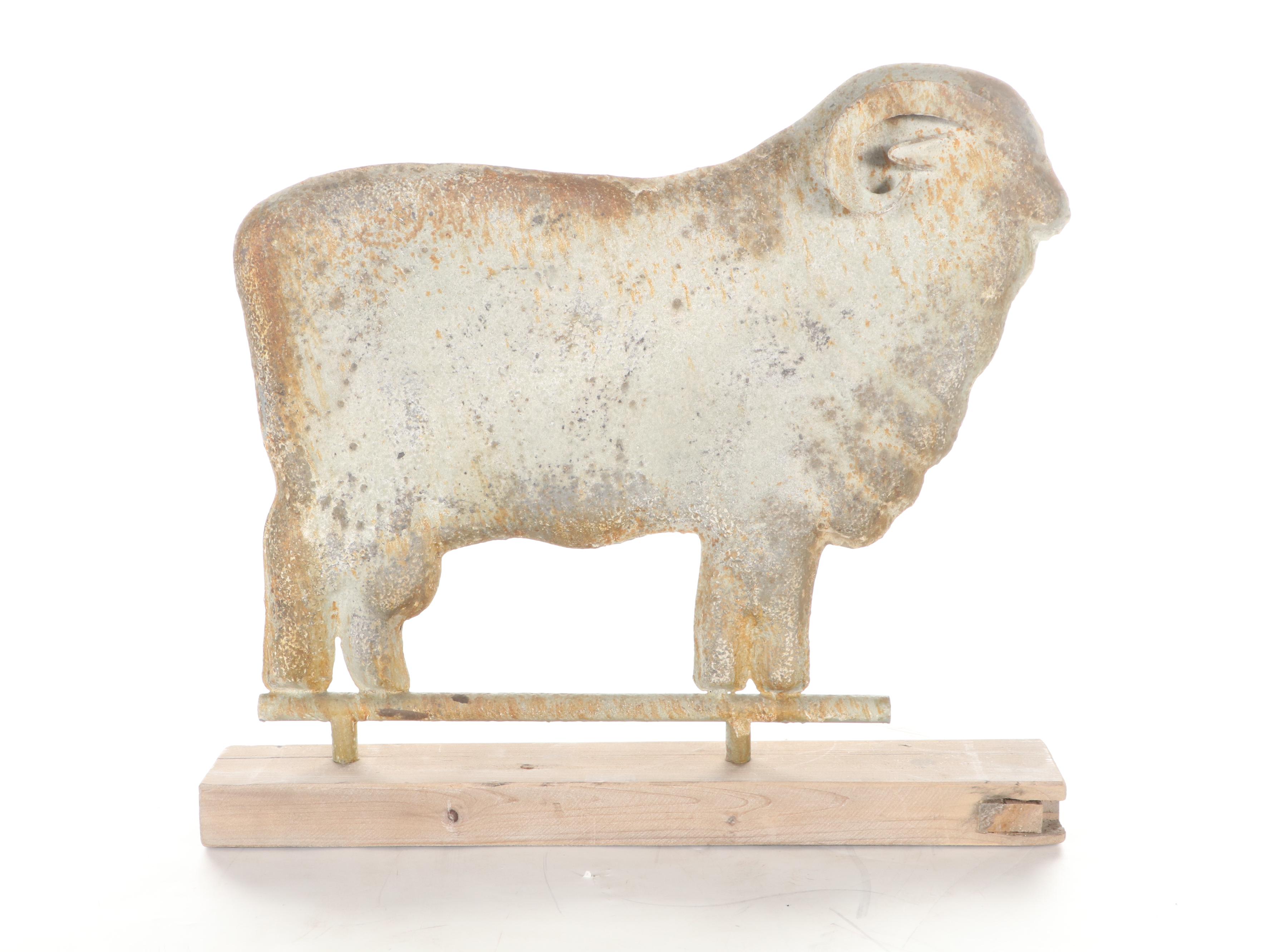Molded Metal Merino Ram Shaped Weathervane Figure Mounted on Wooden Block