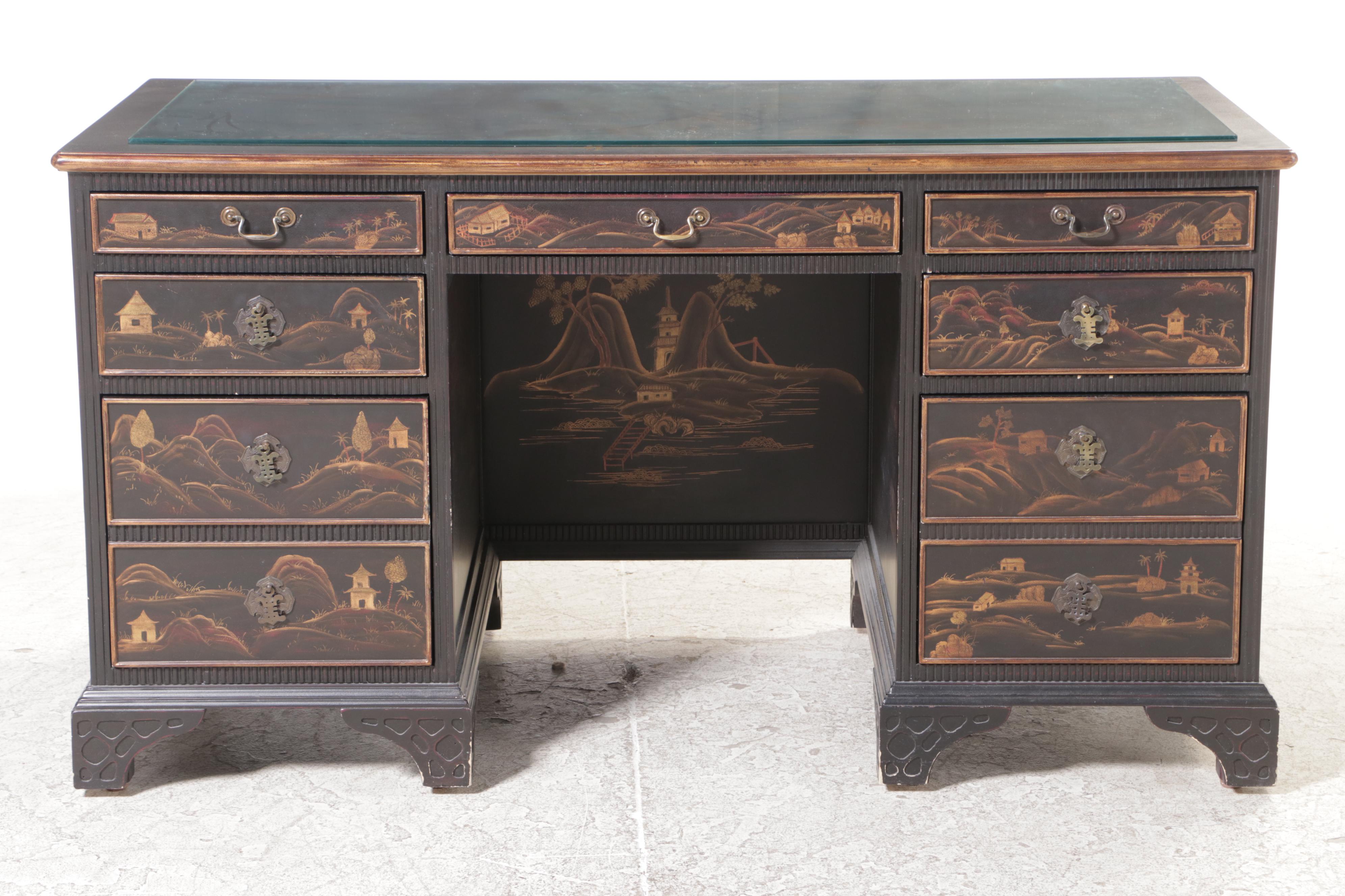 George III Style Chinoiserie Desk with Chelsea House Queen Anne Style Armchair